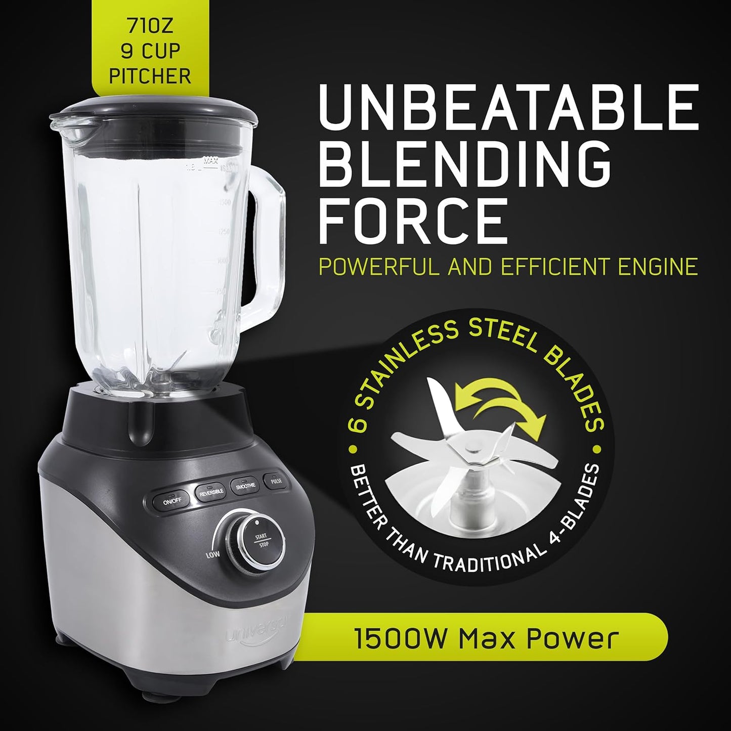 Universal 1500 Peak Watt Turbo Elite Max Blender, 71oz - 9-cup / 2.1 Liter Glass Pitcher, 3 Speed Settings with Powerful 6 Stainless Steel Blades, Premium Blender for Smoothies, Domestic Use