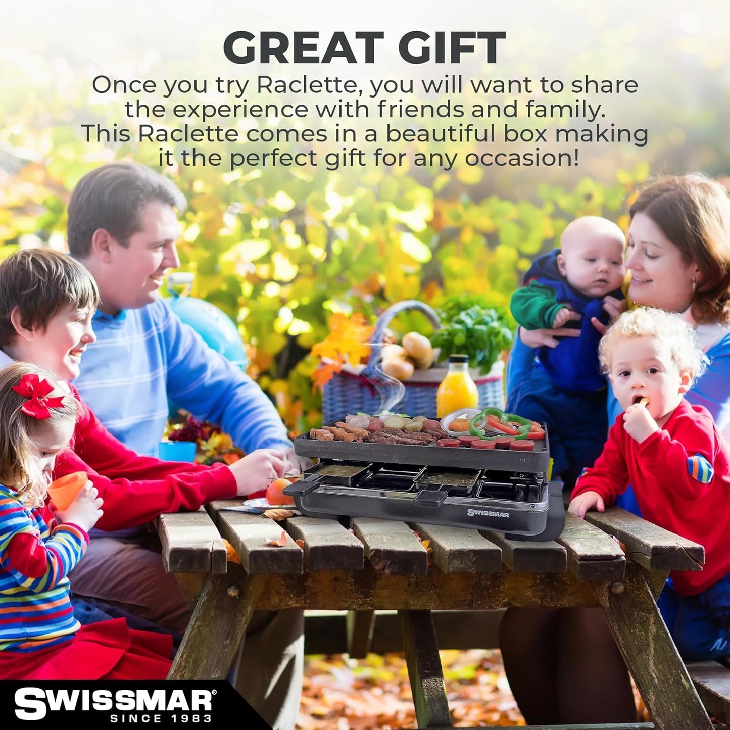 Swissmar Classic 8-Person Raclette Party Grill - Indoor Electric Grill & Griller with Reversible Cast Iron Grill Plate/Crepe Top - Anthracite Black