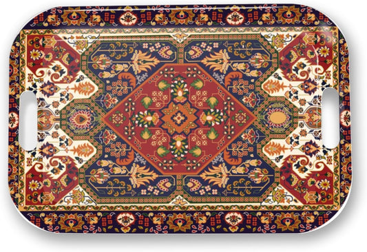 Serving Trays with Handles, 14.5 x 9.8 inch Rectangular Plastic Tray for Restaurant, Kitchen, Dark Red Pattern