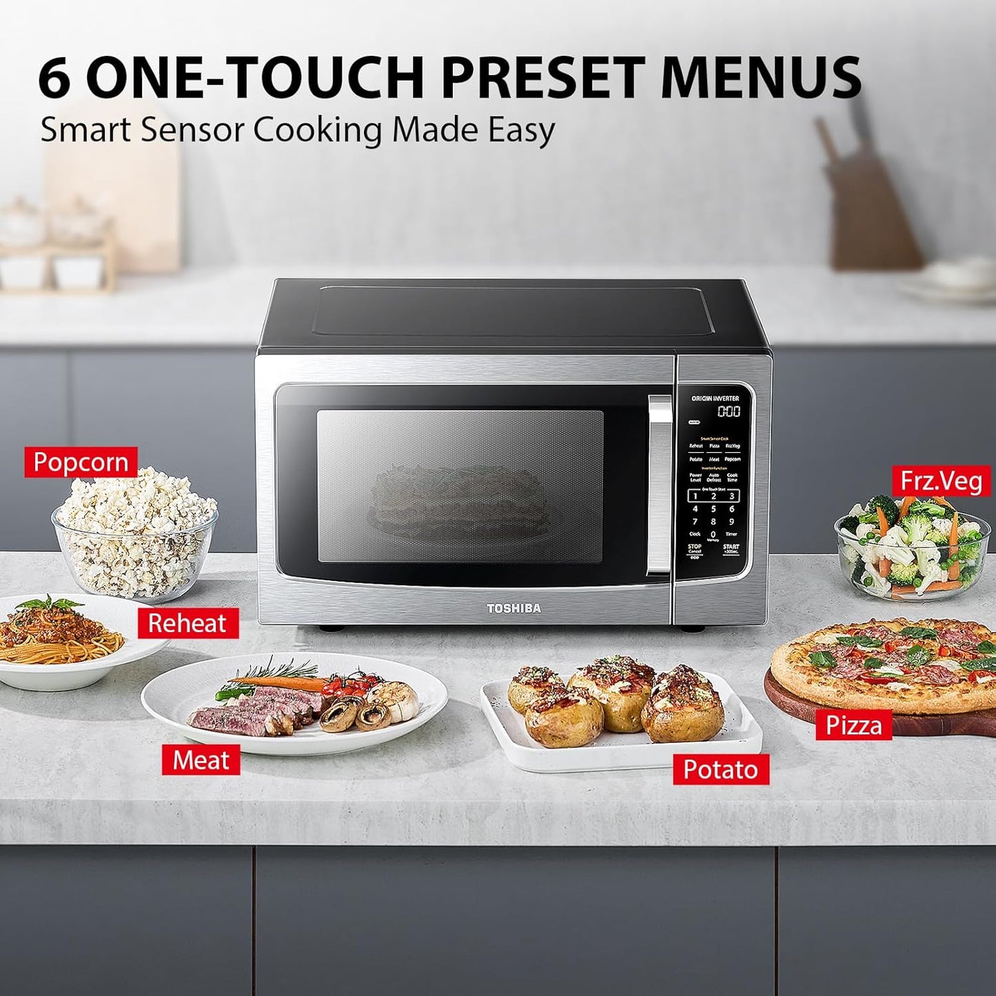 TOSHIBA ML-EM45PIT(SS) Countertop Microwave Oven with Inverter Technology, Kitchen Essentials, Smart Sensor, Auto Defrost, 1.6 Cu.ft, 13.6" Removable Turntable, 33lb.&1250W, Stainless Steel