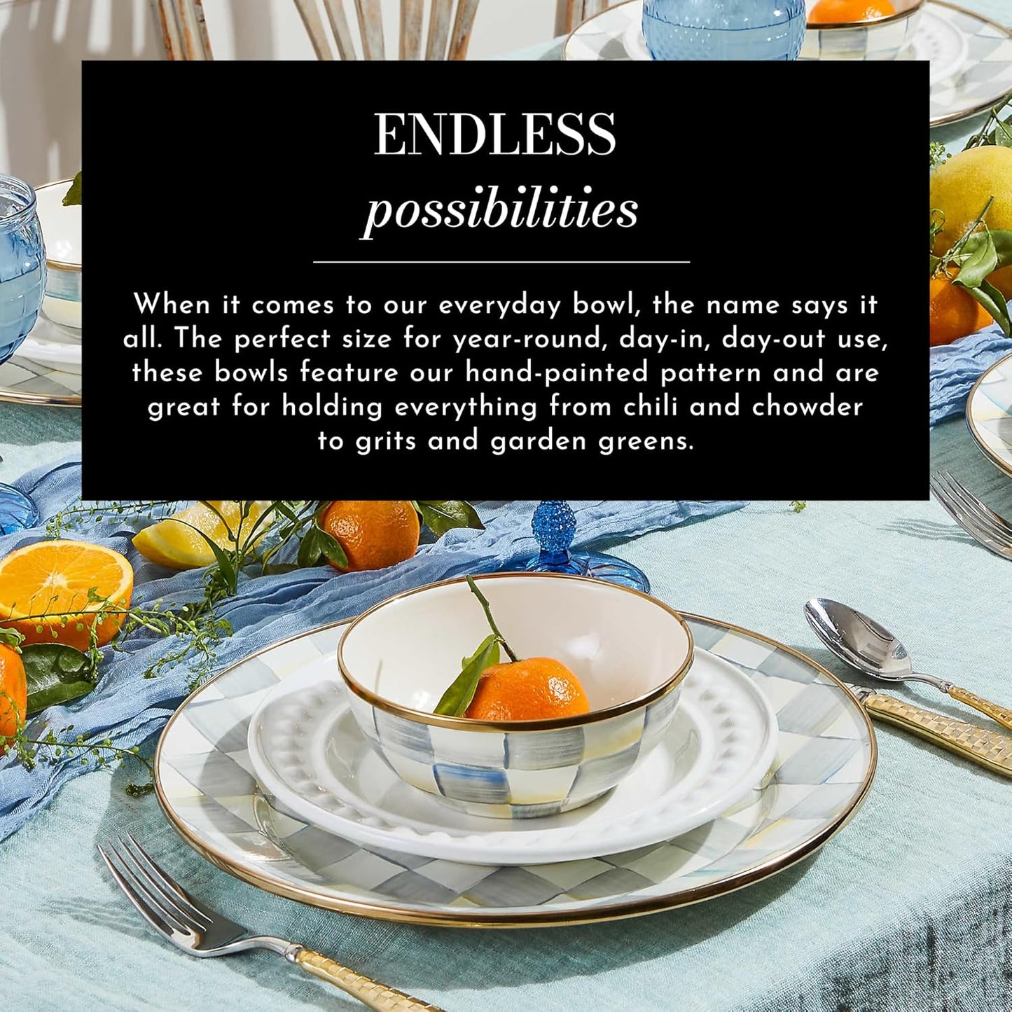 MACKENZIE-CHILDS Enamel Everyday Bowl, Serving Bowl for Entertaining, Extra-Small, Gray-and-White Sterling Check, Set of 1