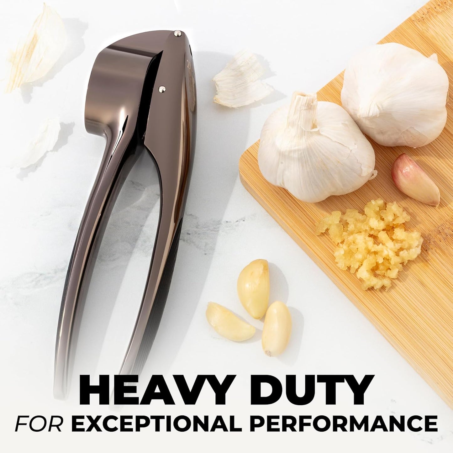 Zulay Kitchen Large Premium Garlic Press Set – Rust Proof & Dishwasher Safe, Bigger Bowl Garlic Mincer Tool with Silicone Garlic Peeler & Brush, Easy Squeeze & Clean, Ergonomic Handle - Dark Gray