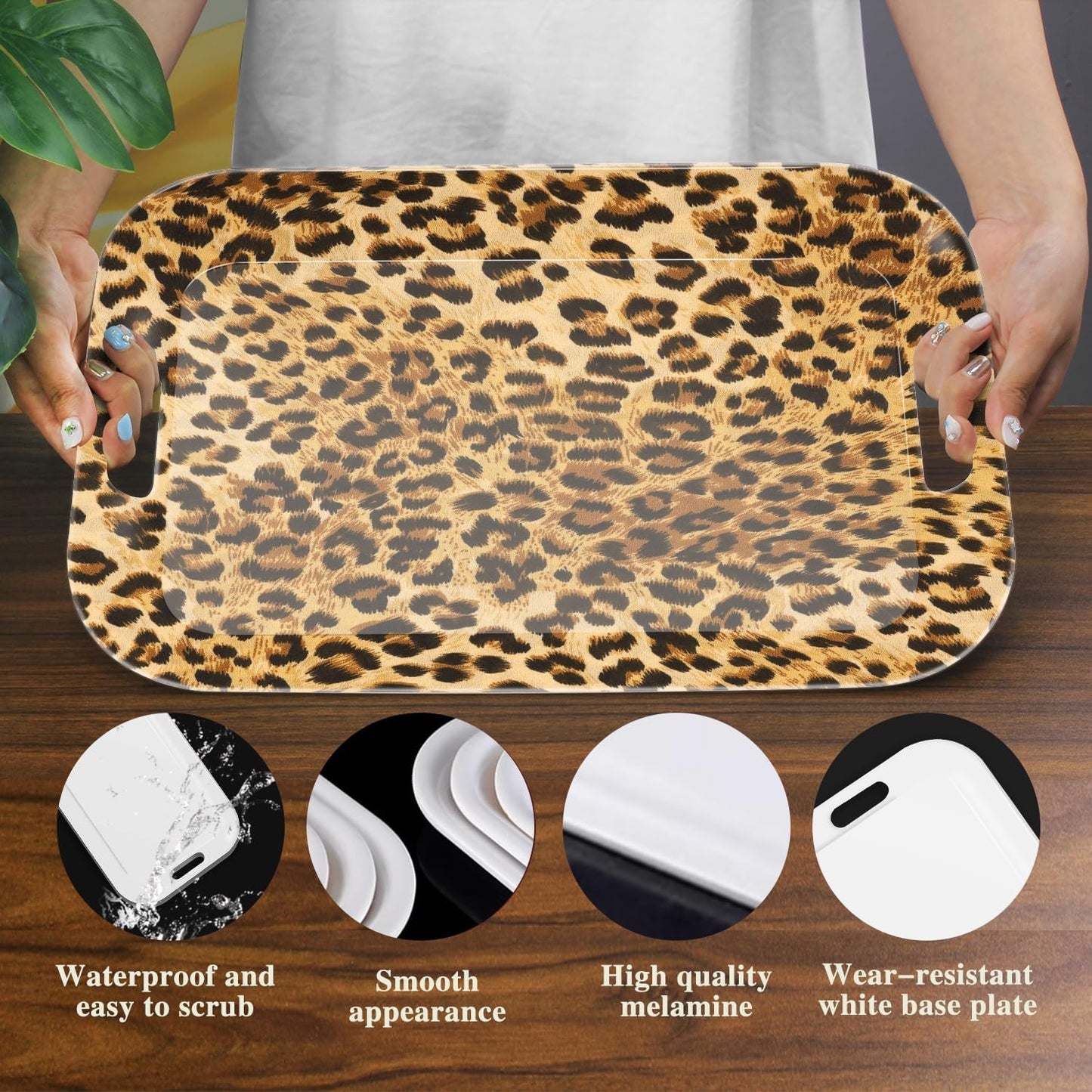 Serving Trays with Handles, 14.5 x 9.8 inch Rectangular Plastic Tray for Restaurant, Kitchen, Brown Leopard