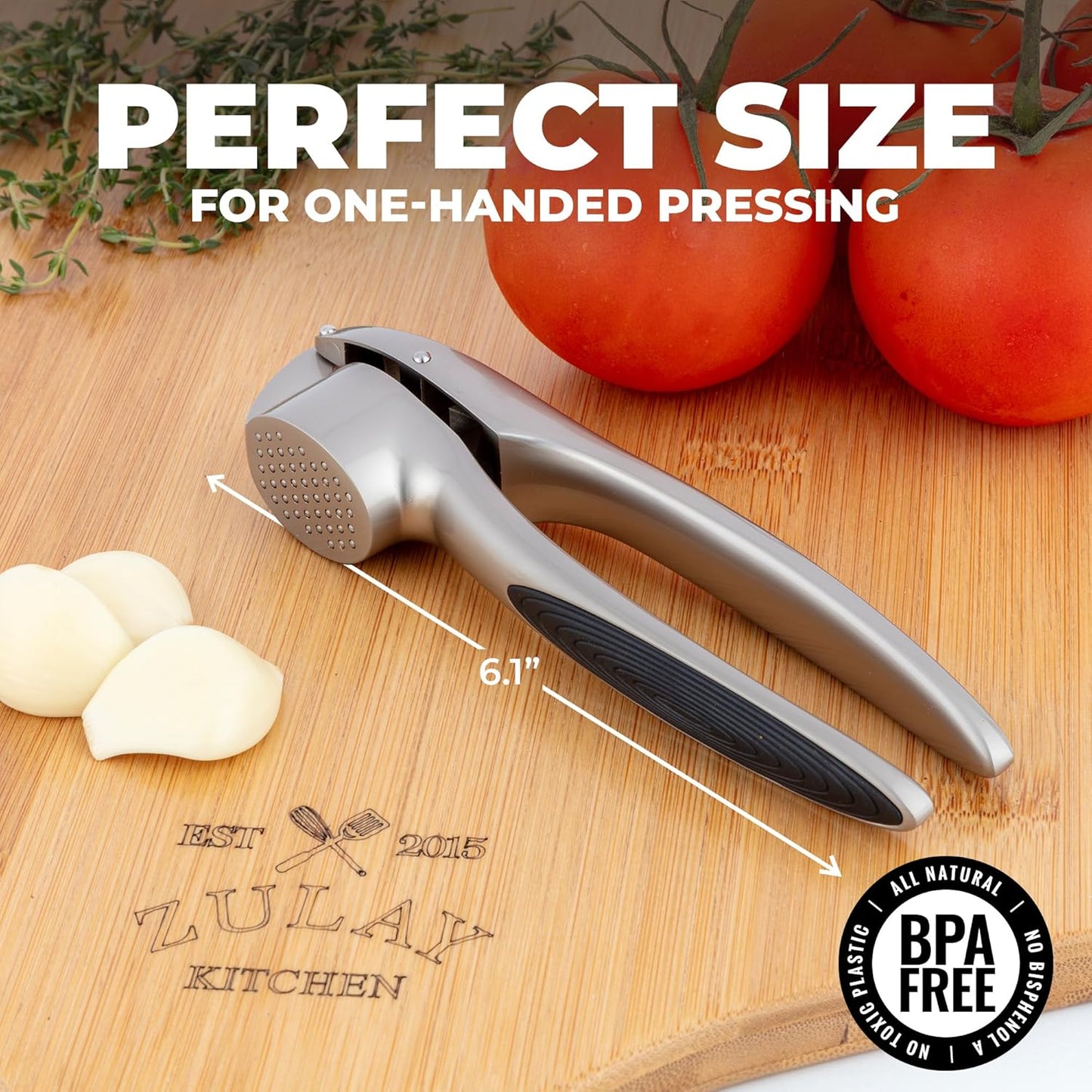 Zulay Kitchen Premium Garlic Press Set – Rust Proof & Dishwasher Safe Garlic Mincer Tool with Silicone Garlic Peeler & Brush, Easy Squeeze & Clean, Ergonomic Soft Grip Handle - Medium – Silver