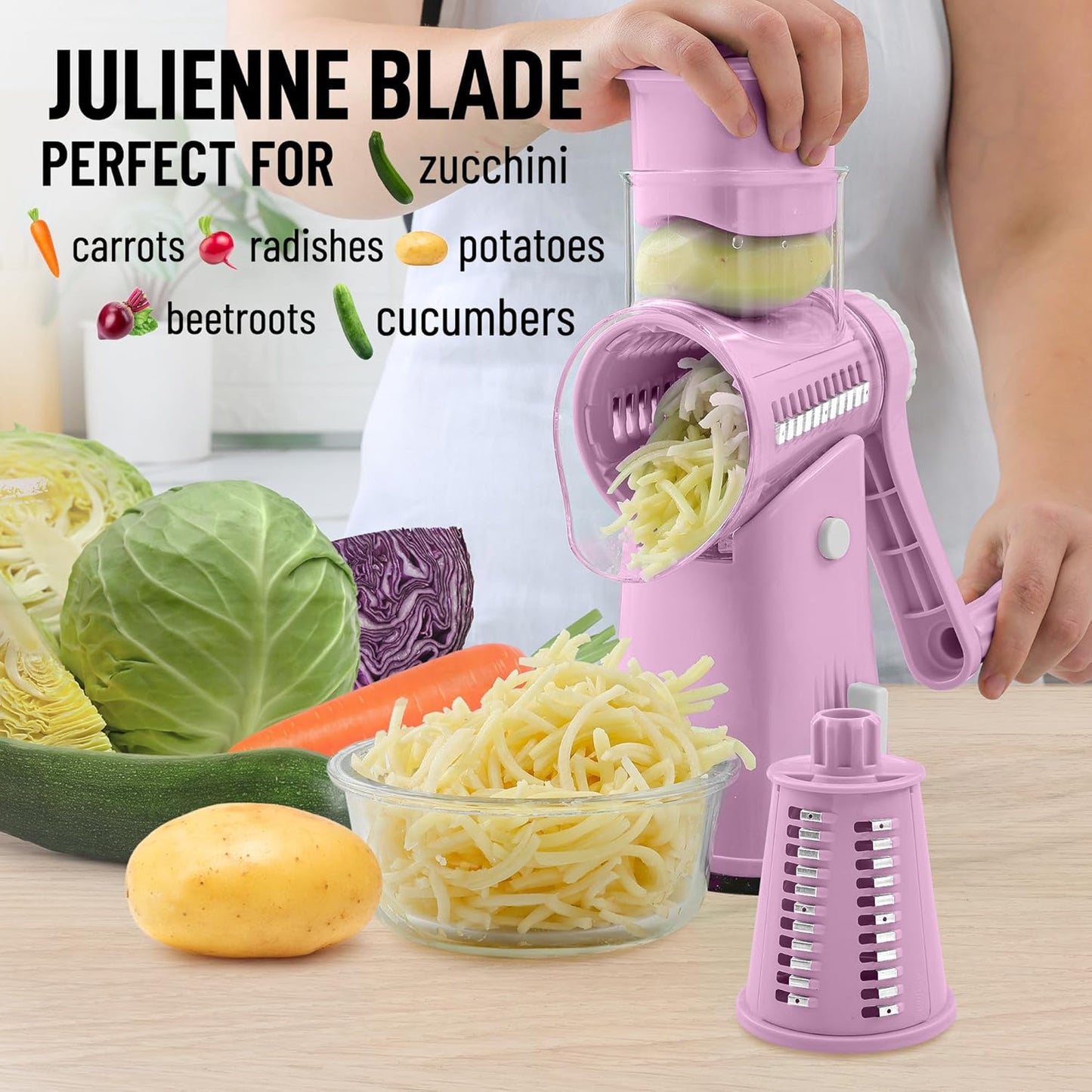 Zulay Kitchen Rotary Cheese Grater 5 Blade Cheese Shredder - Manual Hand Crank Cheese Grater With Reinforced Suction & 5 Interchangeable Drums - Easy to Use, Vegetable Chopper Round Mandoline Slicer