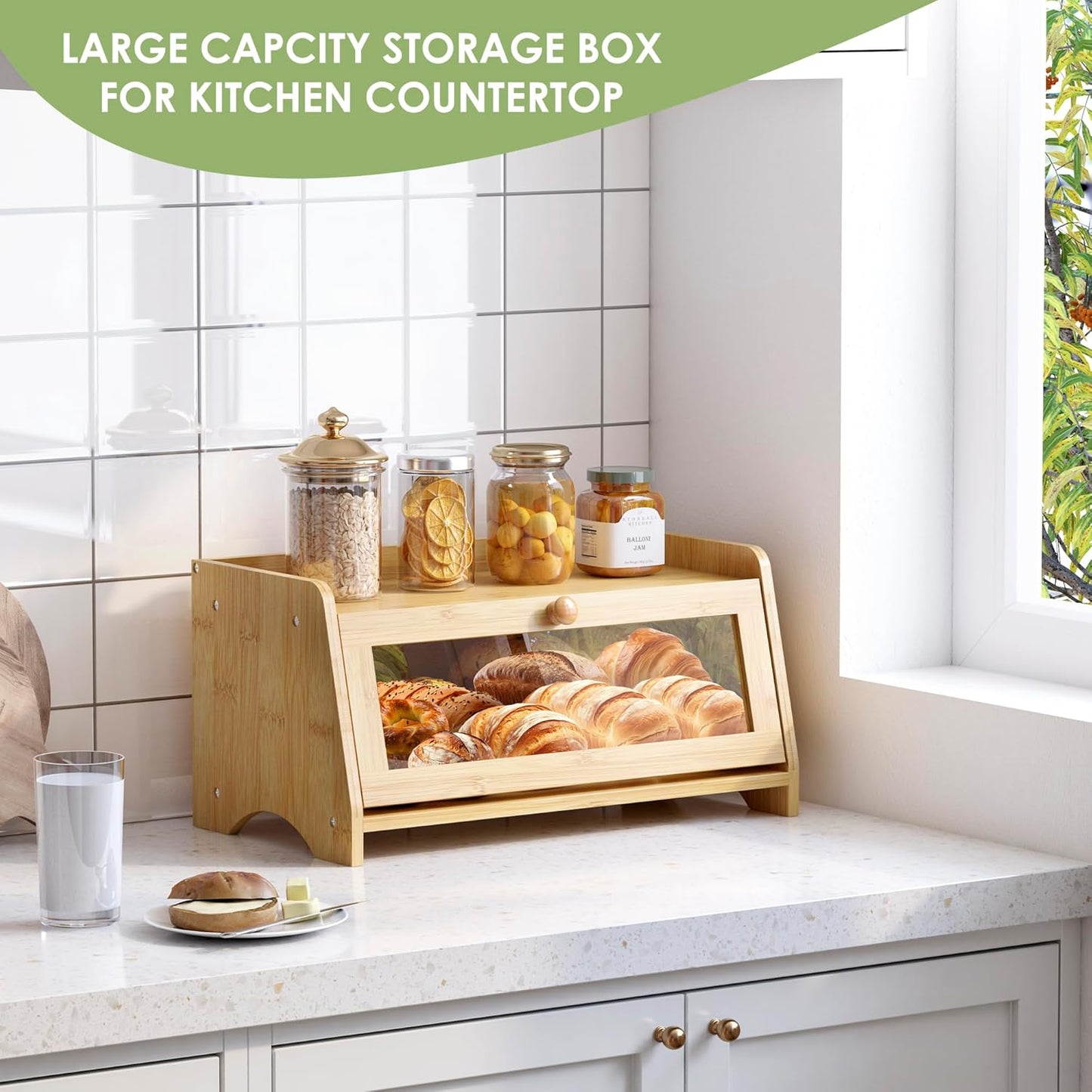 Bread Box for Kitchen Countertop, Large Bread Container Storage, Wooden Farmhouse Bread Box with Window Bread Holder (Natural Bamboo)