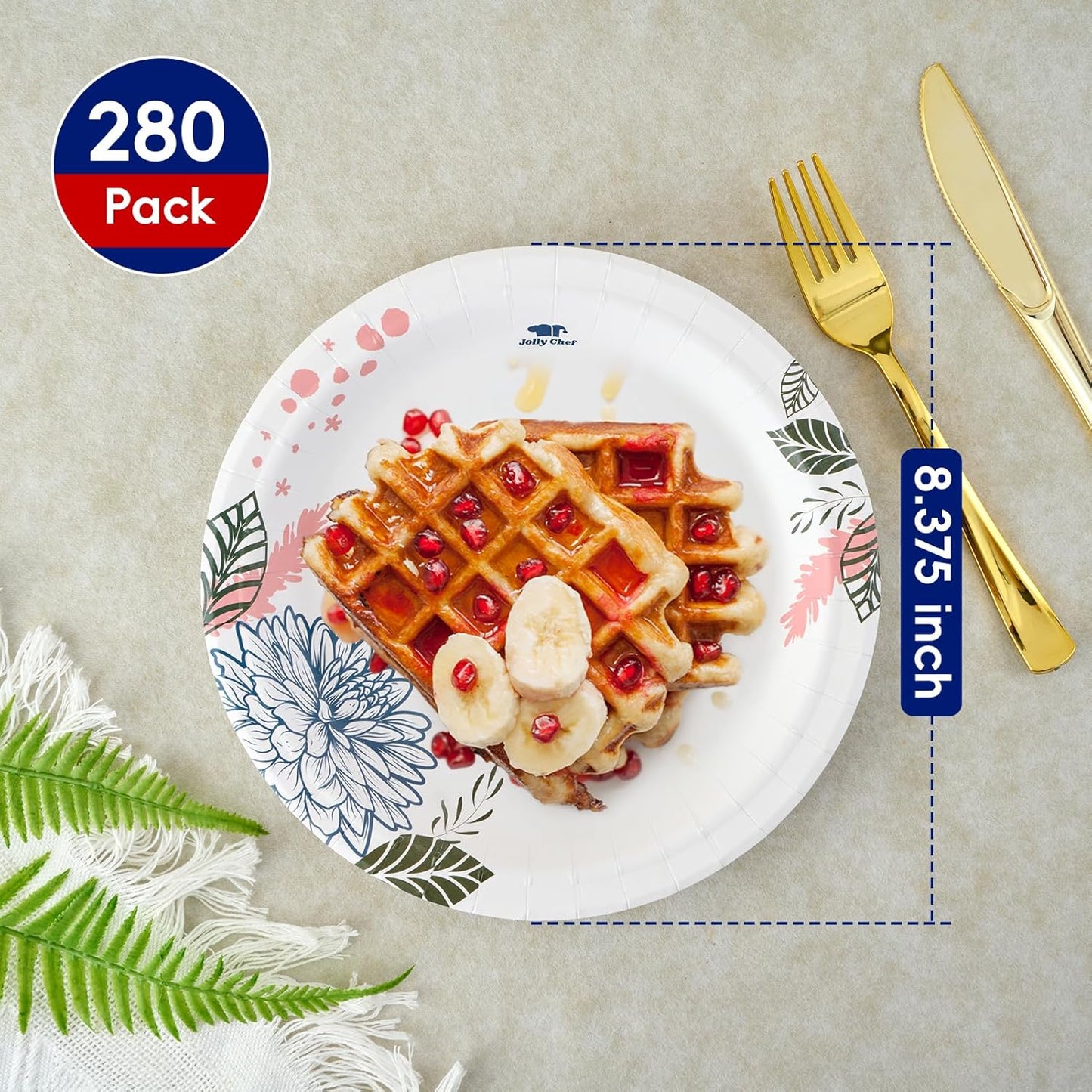 JOLLY CHEF 280 Count Paper Plates 8 inch Soak Proof, Cut Proof, Heavy Duty Flower Printed Disposable Paper Plates for Everyday Use, Thanksgiving, Christmas Day