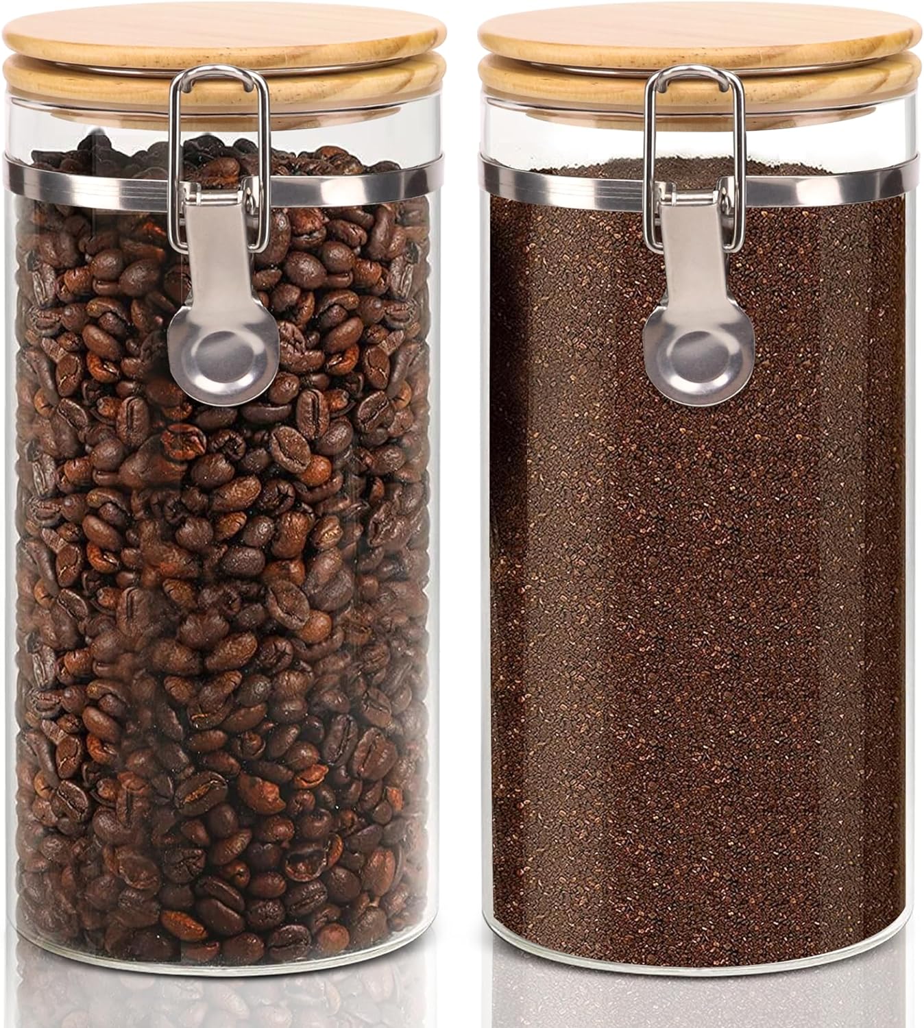 Glass Storage Jars Set Elegant Containers with Airtight Bamboo Lids, Perfect for Kitchen Organization - Flour, Rice, Pasta, Sugar, Coffee Beans, Accessories Included (Coffee Jar x 2)
