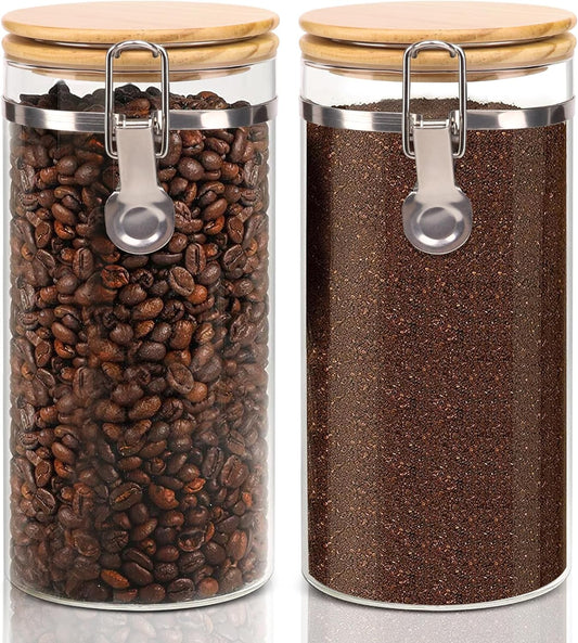 Glass Storage Jars Set Elegant Containers with Airtight Bamboo Lids, Perfect for Kitchen Organization - Flour, Rice, Pasta, Sugar, Coffee Beans, Accessories Included (Coffee Jar x 2)