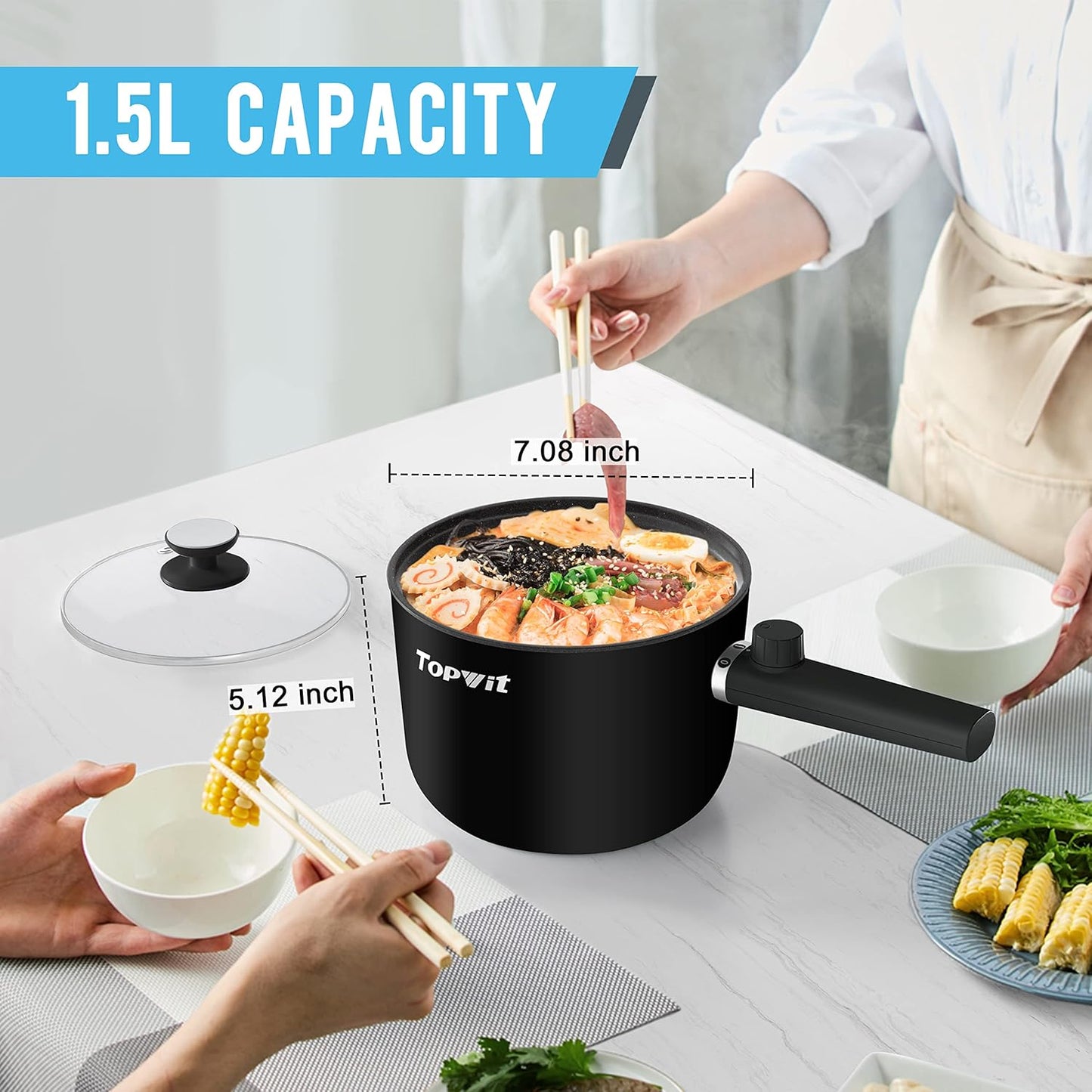 Topwit Hot Pot Electric, 1.5L Ramen Cooker, Portable Non-Stick Frying Pan, Electric Pot for Pasta, Steak, BPA Free, Electric Cooker with Dual Power Control, Over-Heating & Boil Dry Protection, Black