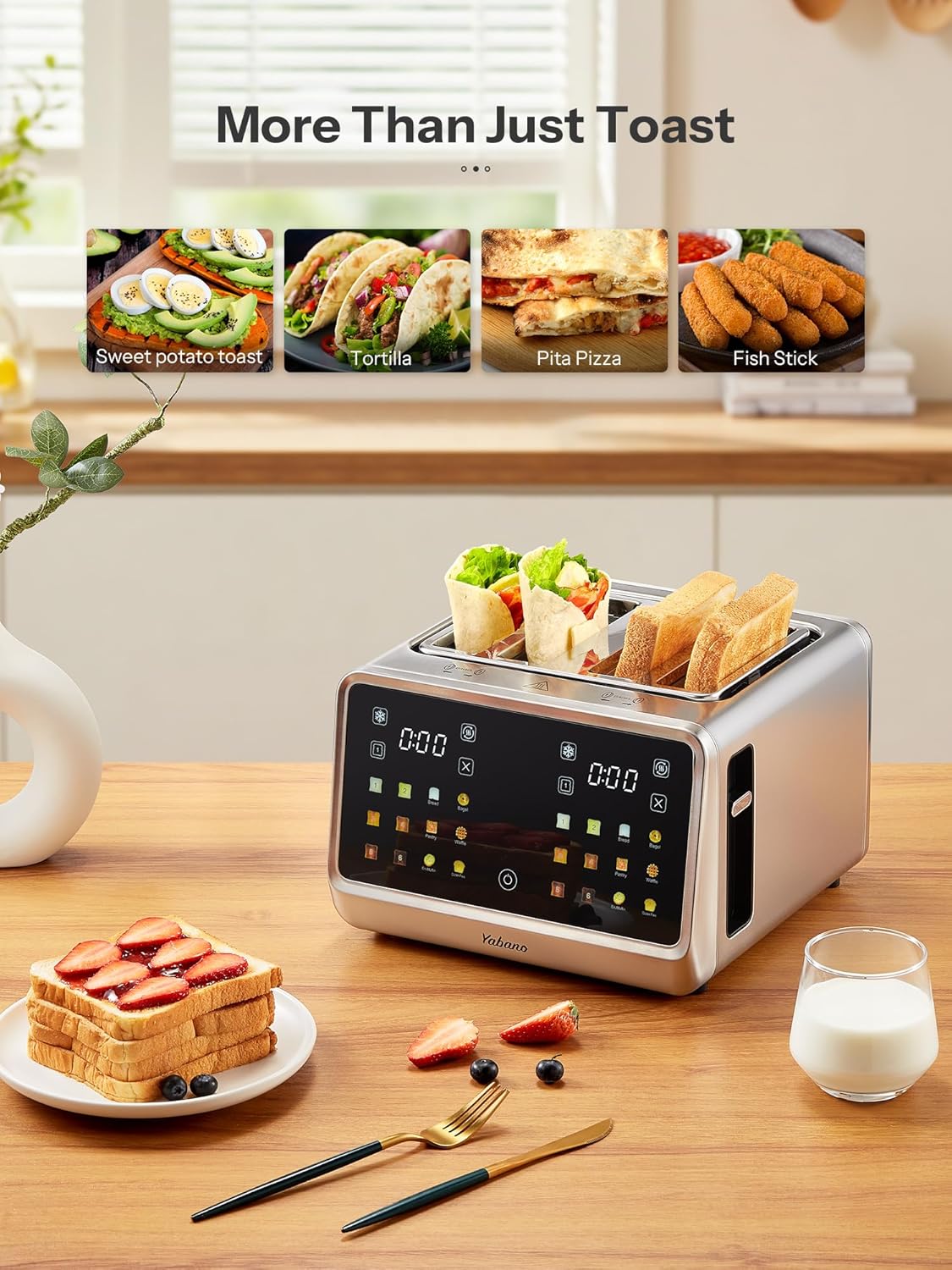 Yabano 4-Slice Toaster with Smart Touch Control, 6 Shade Levels & 6 Bread Settings, Extra Wide Slot for Bagels/English Muffins, Compact Design with Removable Crumb Tray