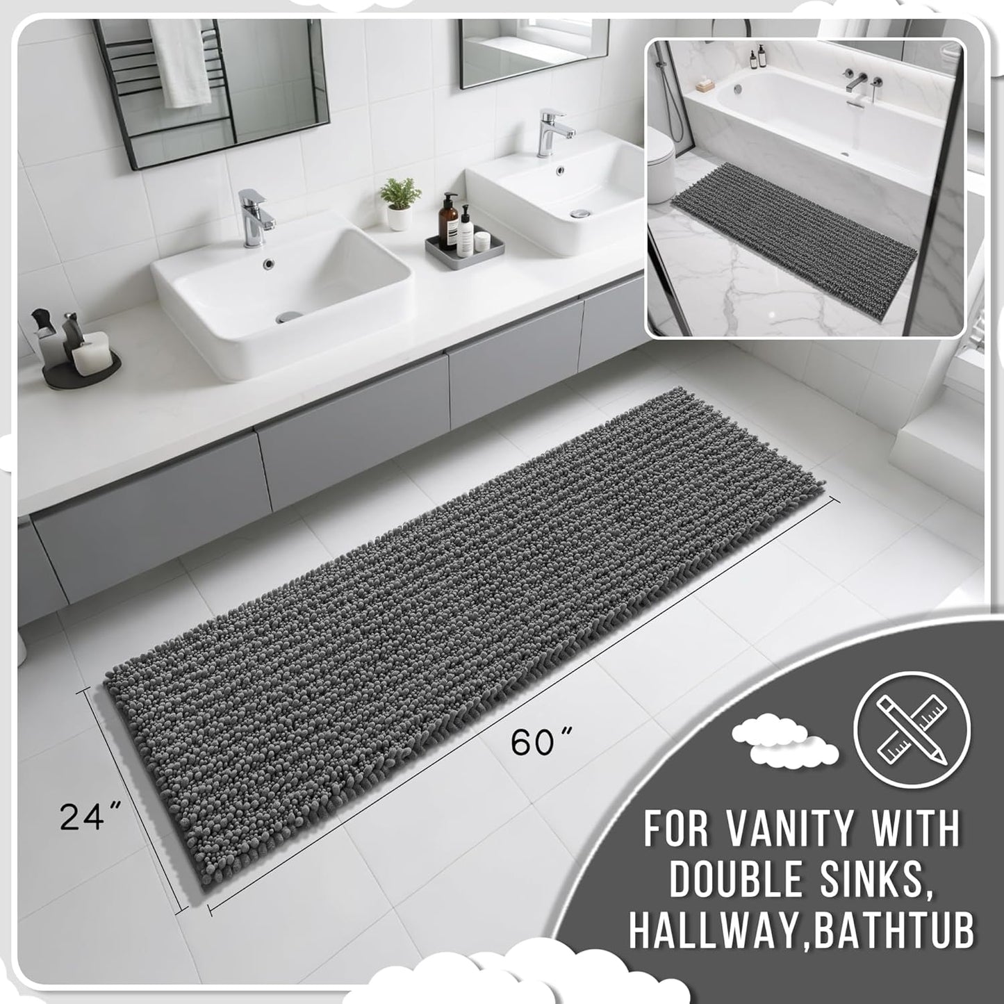 Yimobra Bathroom Runner Rug 60x24 Inch - Extra Long Non Slip Chenille Bath Mat, Soft & Absorbent, Machine Washable Shaggy Hallway Carpet for Vanity Tub Shower, Dark Gray Home Decor Accessories
