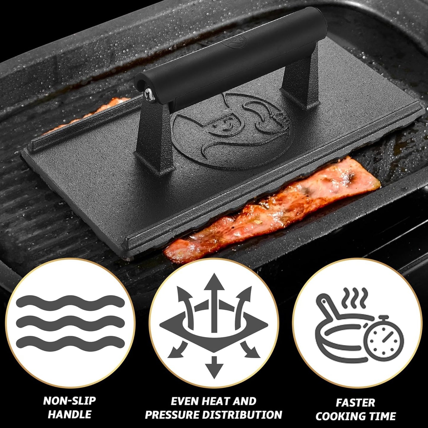 3lb Cast Iron Grill Press, Heavy Duty Smash Burger Press for Griddle Heat Resistant Handle, Burger Smasher, Hamburger Press, Grill Press for Griddle, Bacon Press Meat Press, BBQ Grill Accessories