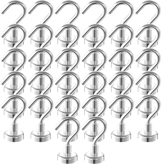 Heavy Duty Magnetic Hooks 5/8" Magnetic Base,25lbs Vertical Pull Force-32Pack Super Strong Rare Earth Magnet Hook,Strong Cruise Hook for Hanging,Magnetic Hanger for Cabins,Grill,Kitchen