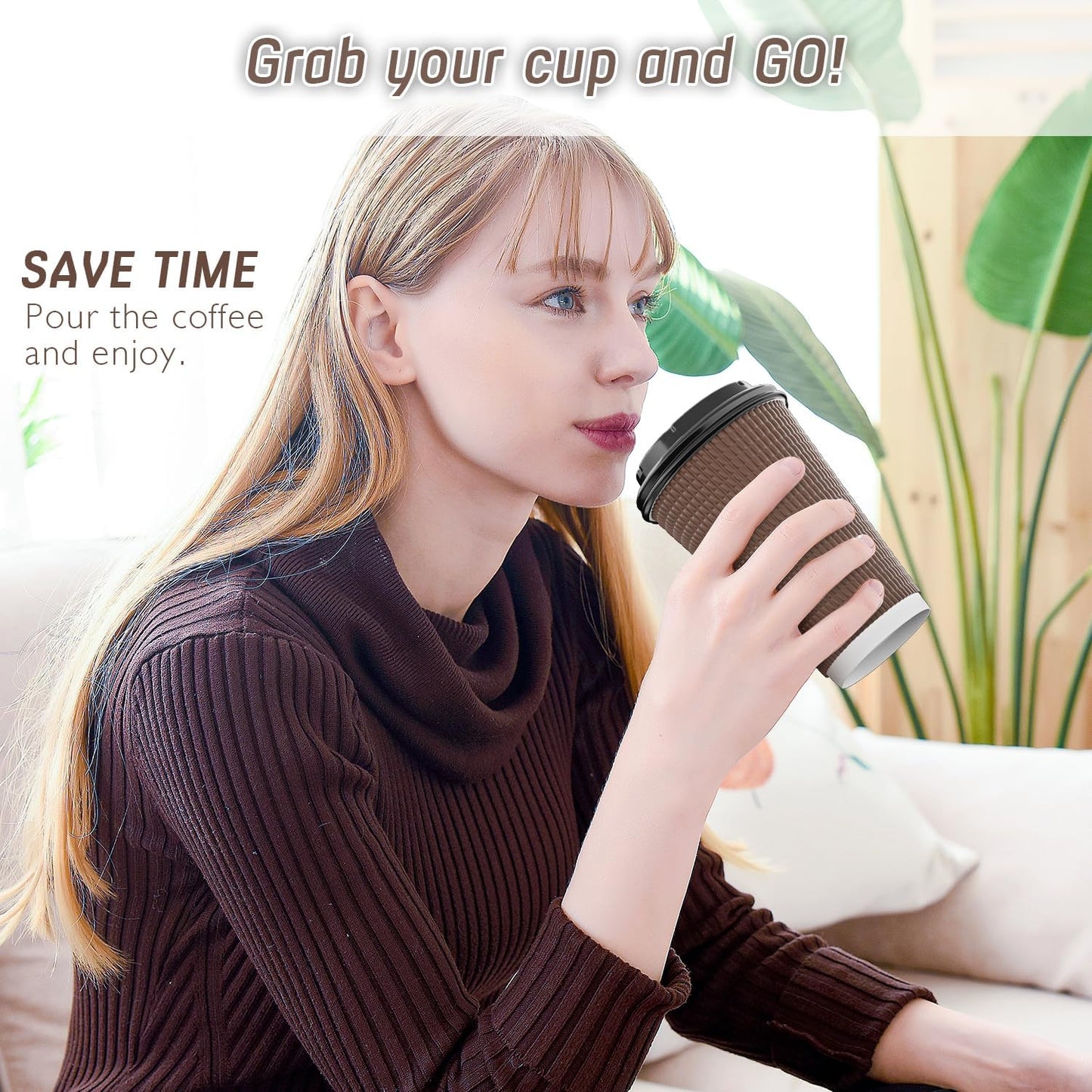 Qunclay Disposable Coffee Cups with Lids,16 oz (80 Pack) Togo Hot Paper Coffee Cup with Leak-Proof Lid To Go for Hot/Cold Beverages Insulated Reusable Drinks Corrugated Ripple Cups (Brown)