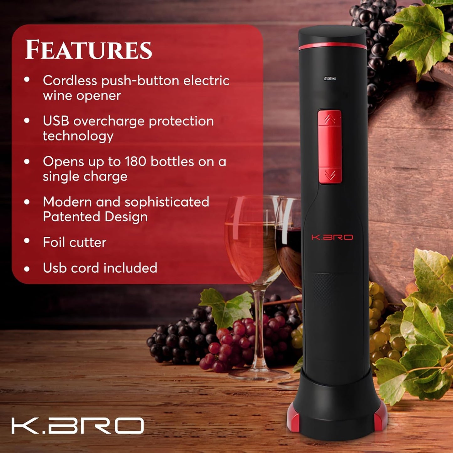 Rechargeable Electric Wine Opener | Electric Corkscrew Wine Bottle Opener With Foil Cutter | Gift for Wine Lovers (Black)