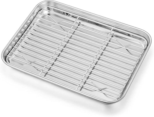 Homikit Baking Sheet with Wire Rack, 9 x 7 Inch Stainless Steel Cookie Sheets for Baking, Small Baking Pan with Cooling Rack, Nonstick Metal Mini Toaster Oven Bacon Tray, Rust Free & Dishwasher Safe