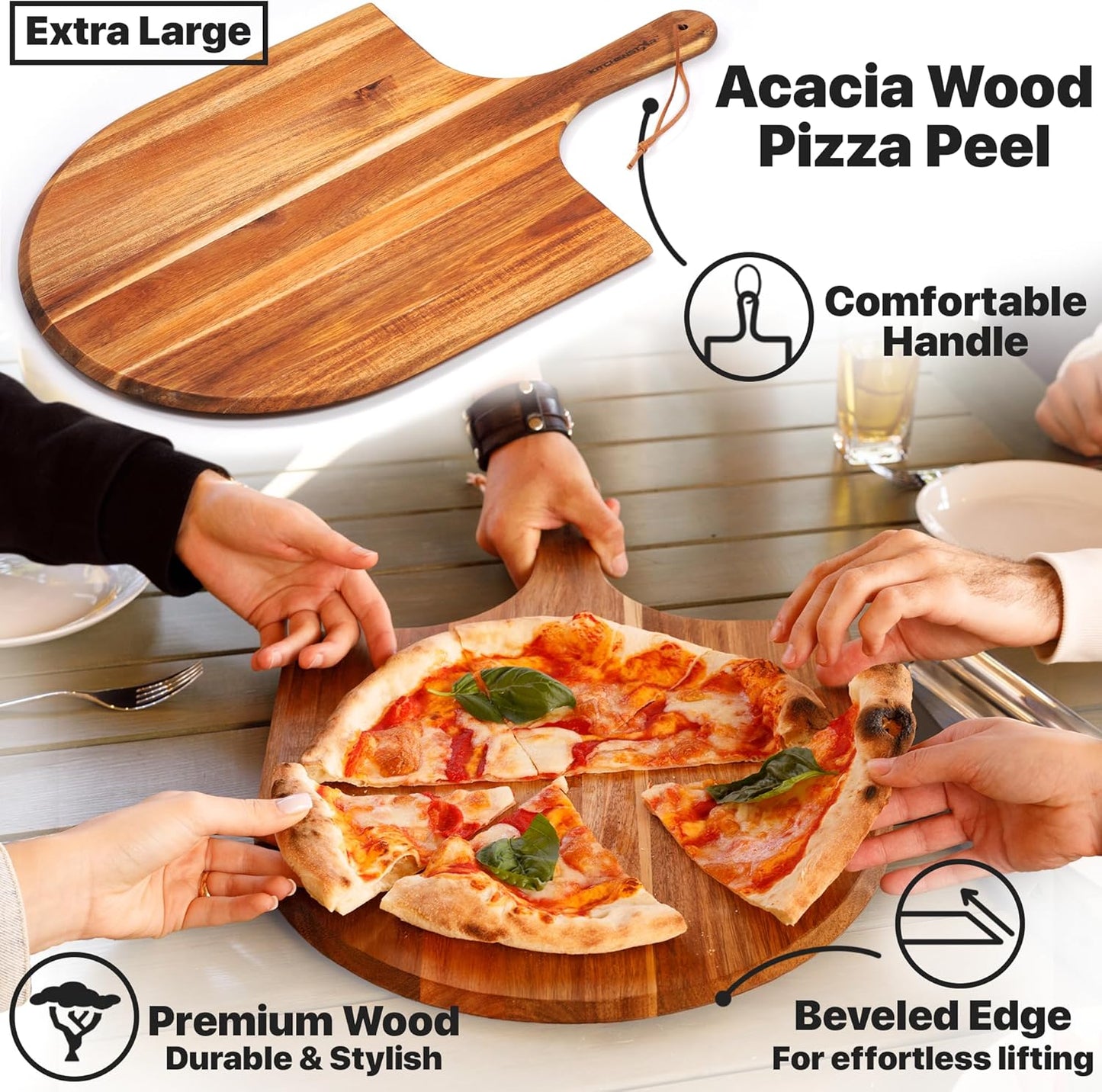 KitchenStar 16-inch Pizza Making Set, 4 Essential Tools - Pizza Stone + Stainless Steel Rack, Acacia Wood Pizza Peel, Pizza Cutter Rocker + Protective Cover, Metal Brush - Oven & Grill Accessories Kit