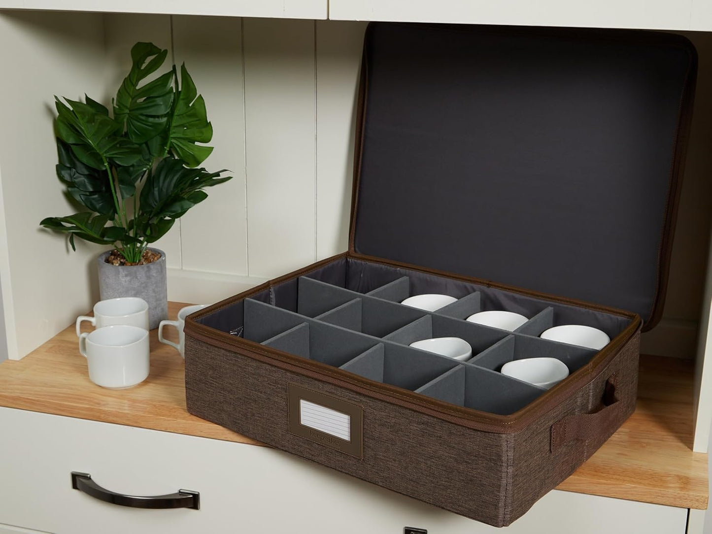 Covermates Keepsakes Dish Storage Box - Stackable, Reinforced Handles, China Storage, Brown Heather