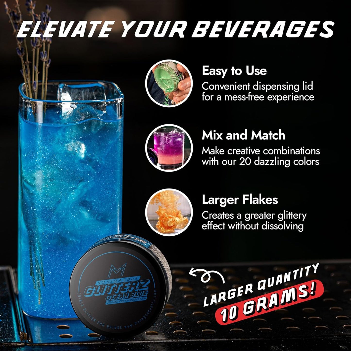 MONÉGASQUE Ocean Blue Edible Glitter for Drinks 10g – Blue Edible Glitter for Cakes & Beverage - Champagne & Halloween Cocktail Drink Shimmer Flakes - Food Decorating & Cake Decorations Spray