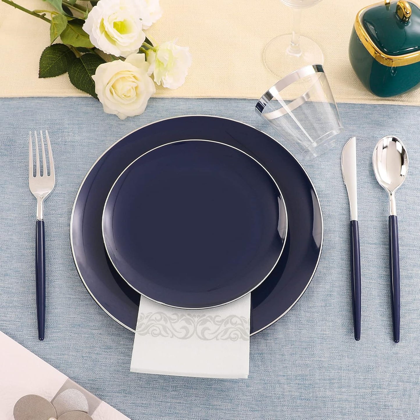 KIRE 175Pcs Blue Plastic Plates with Silver Rim & Disposable Silverware with Blue Handle & Silver-rim Cups & Hand Napkin & Plastic Dinnerware for Parties/Wedding