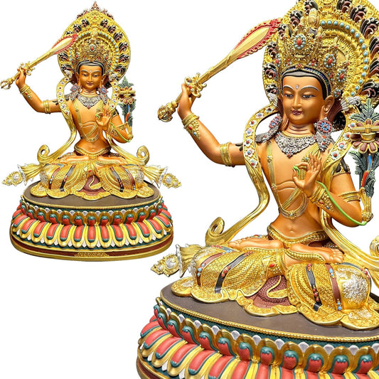 Buddha Statue Indoor, Buda Sculpture for Home Decor, Hand-Painted Colored Buddhist Budda, Nepalese Craft Handmade Tibetan Buddhism Meditation Copper (Manjushri, 14.17")