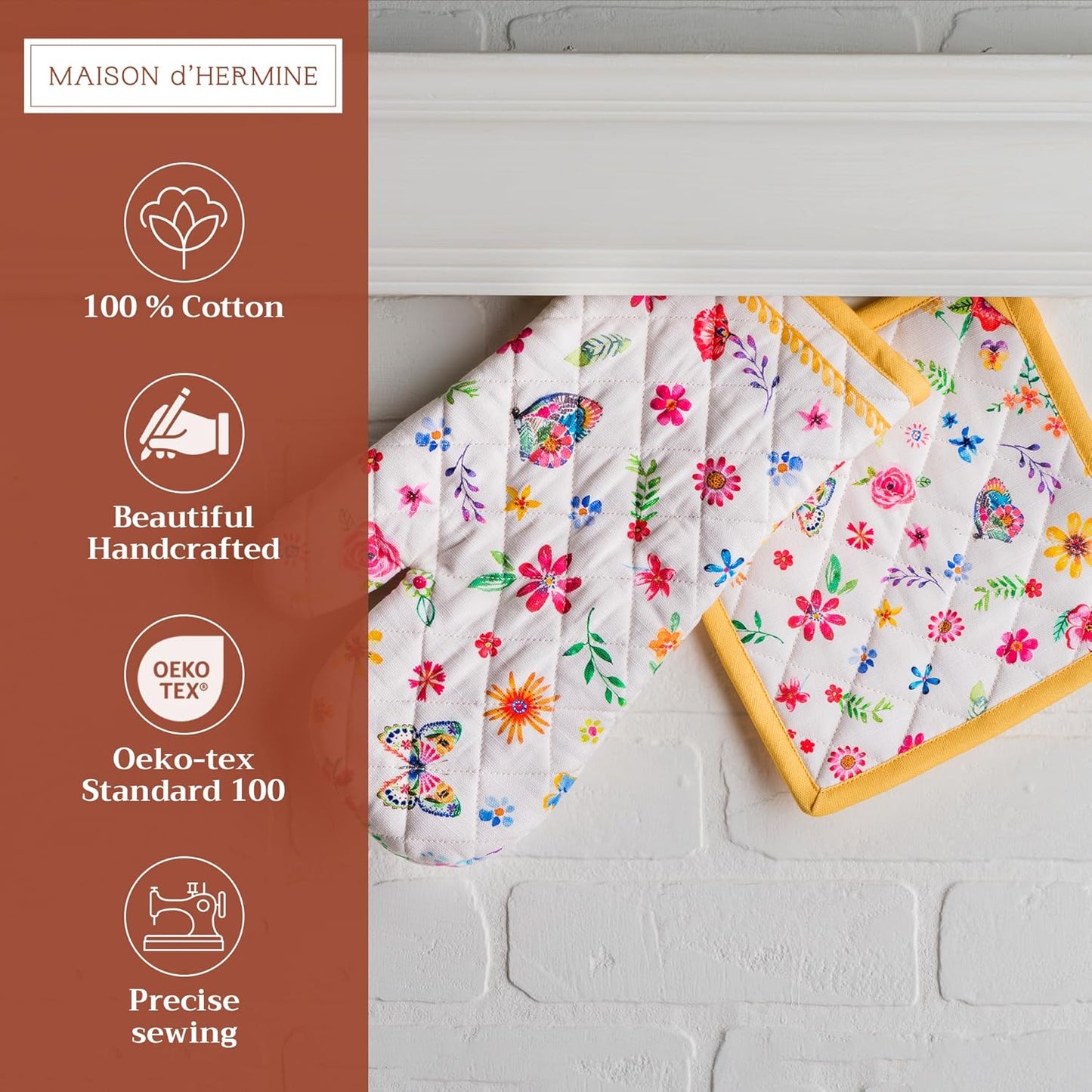 Maison d' Hermine 100% Cotton Oven Mitt & Pot Holder Set (7.5"x13" & 8"x8") Heat Resistant BBQ Cooking Gloves with Loop, Grilling, Kitchen, Handling Hot Pans Spring/Summer (Happy Florals - Sweety)