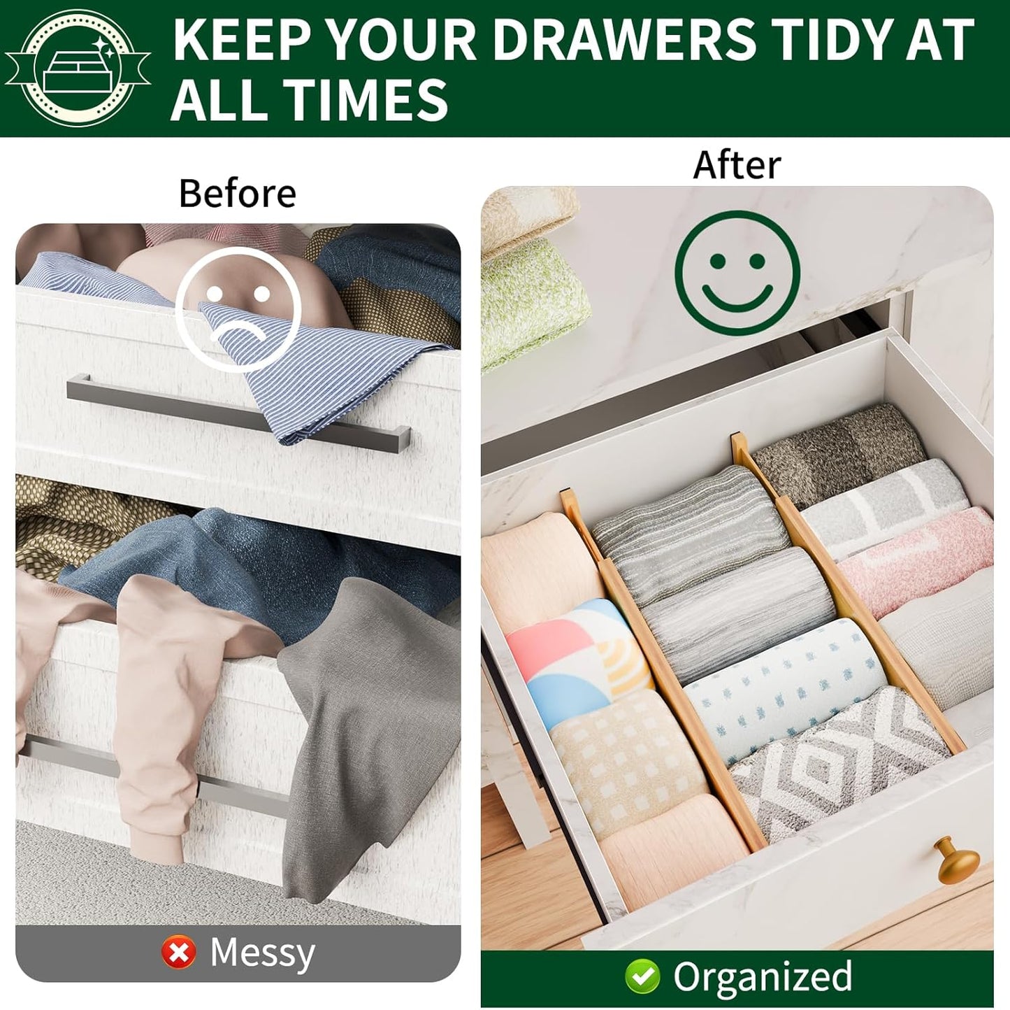 4 Pack Bamboo Drawer Dividers 2.6" High,17-22" Adjustable Spring Loaded Drawer Organizers for Kitchen, Dresser, Bathroom, Bedroom and Office