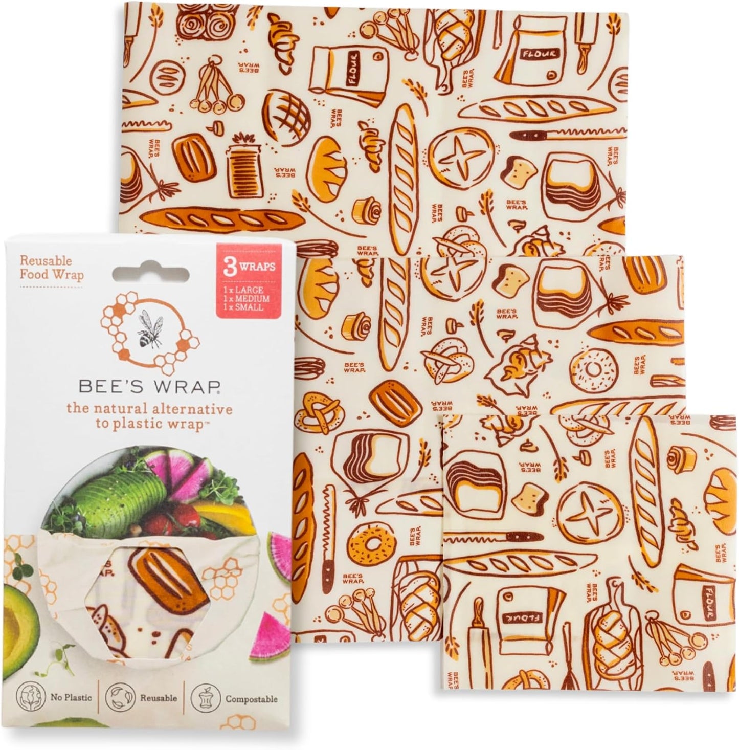 Bee's Wrap Beeswax Wraps for Food - Bakery Lane 3 Pack (S, M, L) Made in USA Reusable & Organic Food Wraps, Sandwich Wrap & Bowl Covers - Eco-Friendly Alternative to Aluminum Foil & Plastic Wrap
