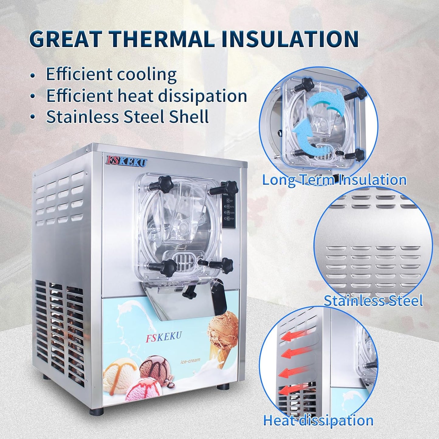 Hard Ice Cream Maker Commercial Gelato Machine 16-24L/H, 5.3 Gph Capacity Suitable for Restaurant/Bar/Home, Auto Clean LED Display Maquina De Helado 1400W