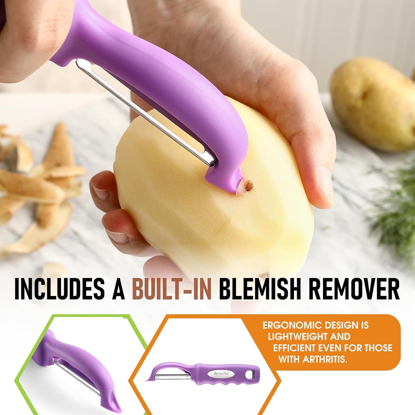 Spring Chef Premium Swivel Vegetable Peeler, Comfortable Handle and Ultra Sharp Stainless Steel Blades - Perfect Kitchen Peeler For Veggie, Fruit, Potato, Carrot, Apple - Orchid