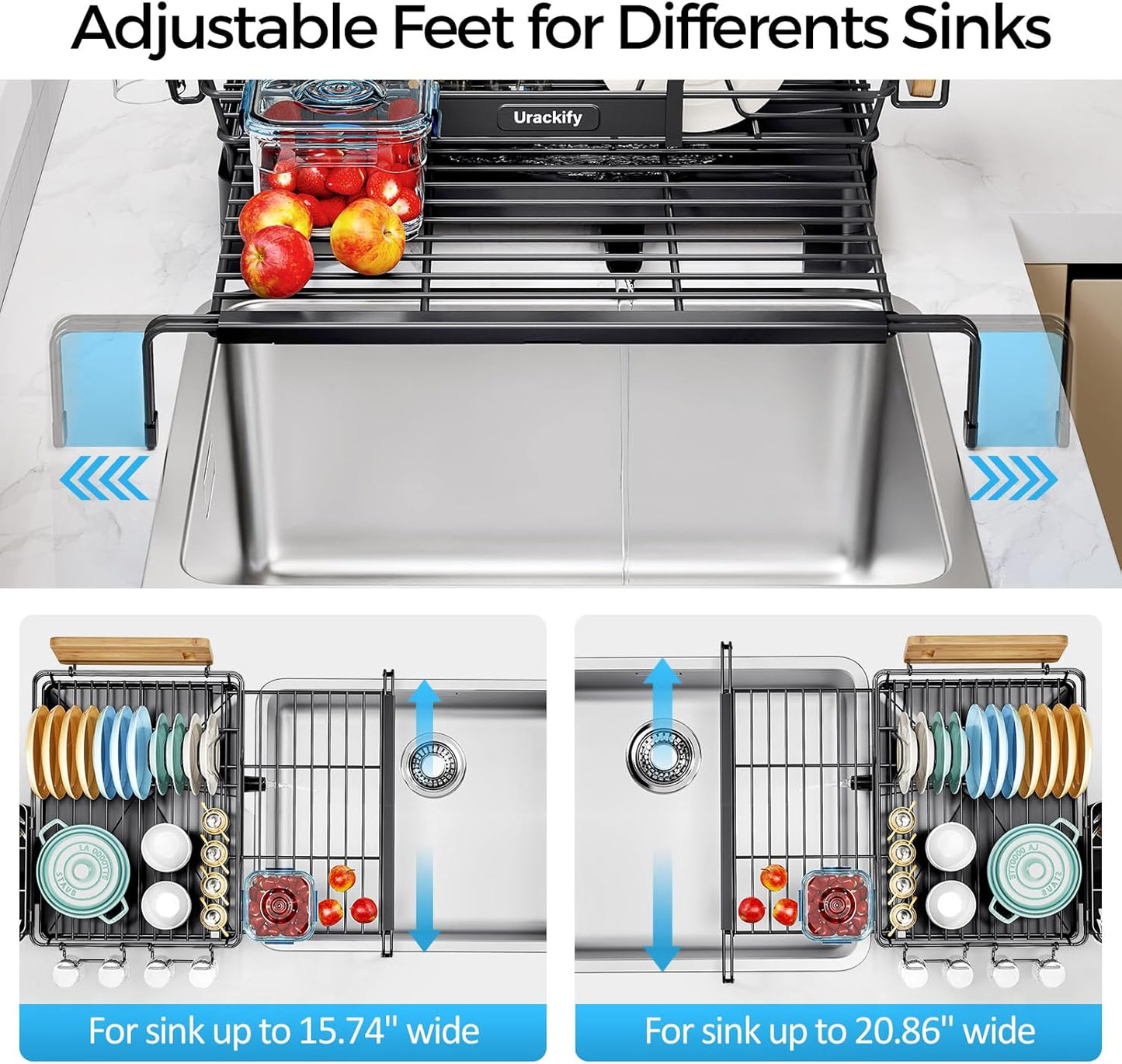 Extendable Dish Drying Rack, 2 in 1 Multifunction Dish Rack for Kitchen Counter, Expandable Dish Drainer Over Sink, Large Plate Strainer with Drainboard & Cups Holder