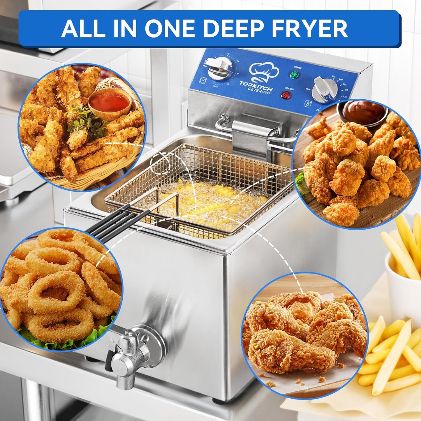 6.3Qt Electric Fryer with Oil Drain,30 Minutes Timer,Stretch forming oil tank,Lid and Solid Wire Mesh Basket,Light Duty Commercial Electric Countertop Deep Fryers-120V,1800W