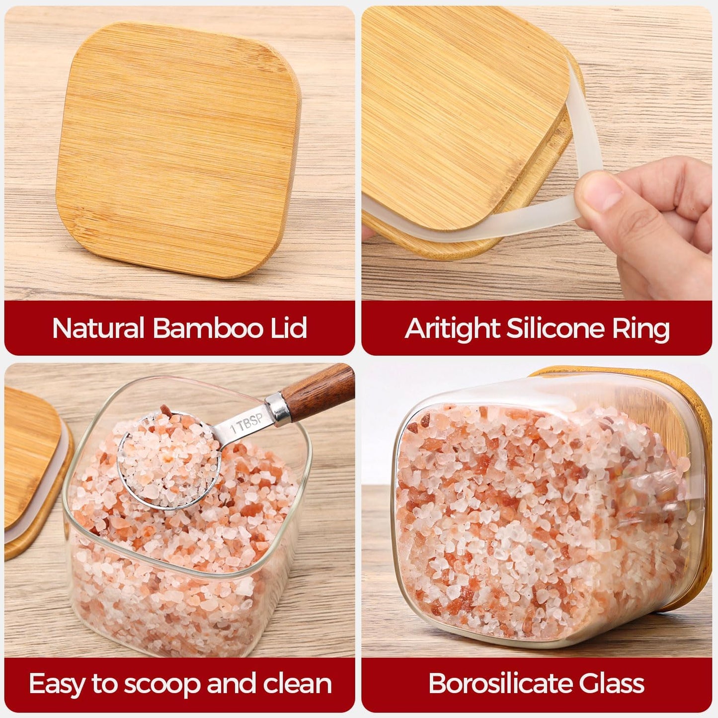 Glass Storage Jars with Bamboo Lid,Airtight Kitchen Canisters for Baking, Food Jar Container for Spices Cookie Tea Coffee Beans Snacks (4 pack 0.6qt)