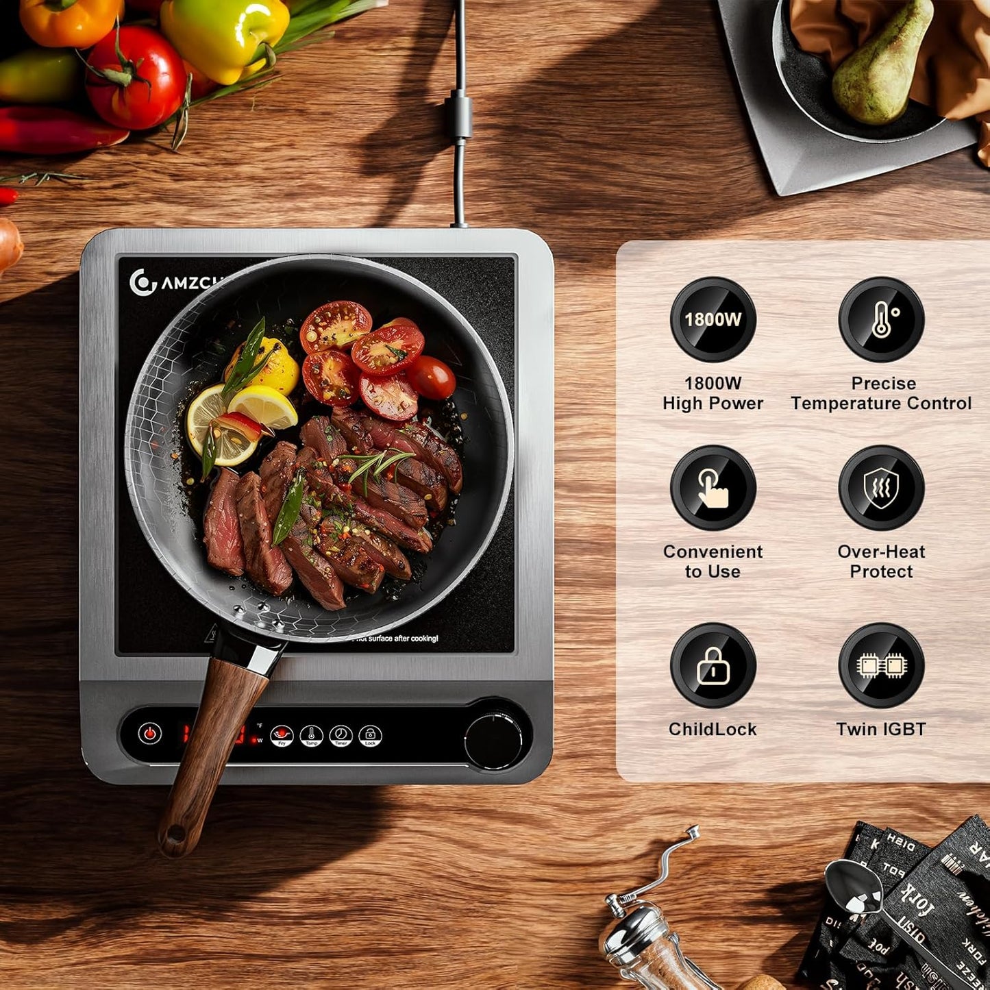 Induction Cooktop, 1800W Commercial Induction Burner, 7.3” Heating Coil Professional Countertop Stove Burner, Hot Plate 3 Hours Timer, 18 Levels Temperature & Power