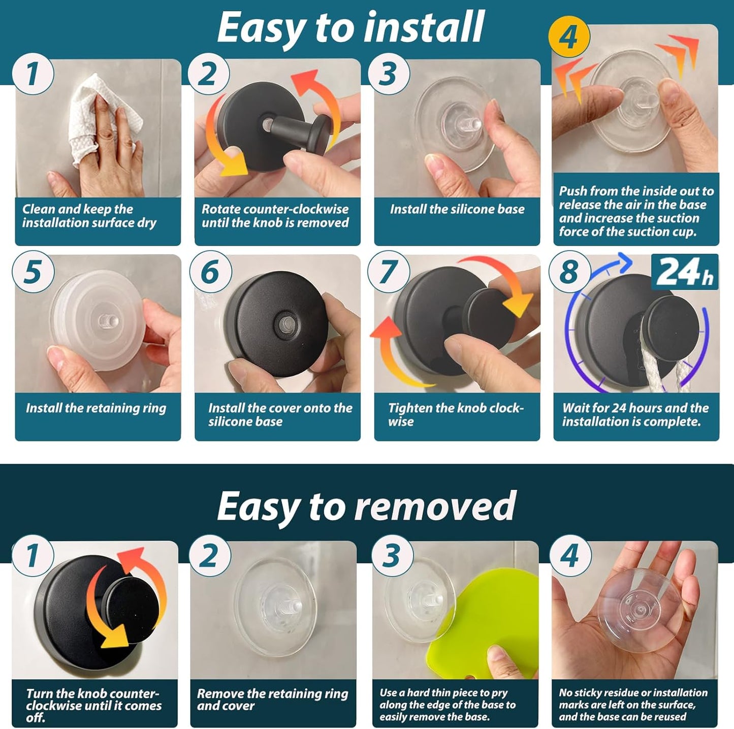 Suction Cup Hooks for Shower, 4 PCS No-Drill Towel Holder for Bathrooms Wall, Glass Door, Mirror, Tiles, Kitchen, Hold Robe & Wreath, Hanging up to 15 lbs – Waterproof & Rustproof, Matte-Black