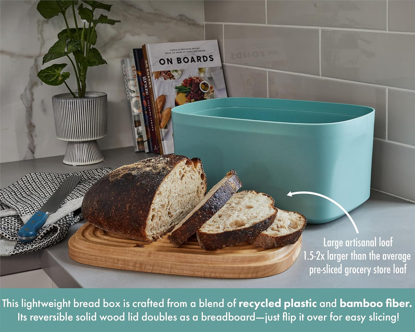 Sonder Los Angeles, Modern Bamboo Fiber and Recycled Plastic Bread Box (Blue Green) for Kitchen Countertop with Reversible Bread Board Wood Lid 14.25 x 9.25 x 7 in