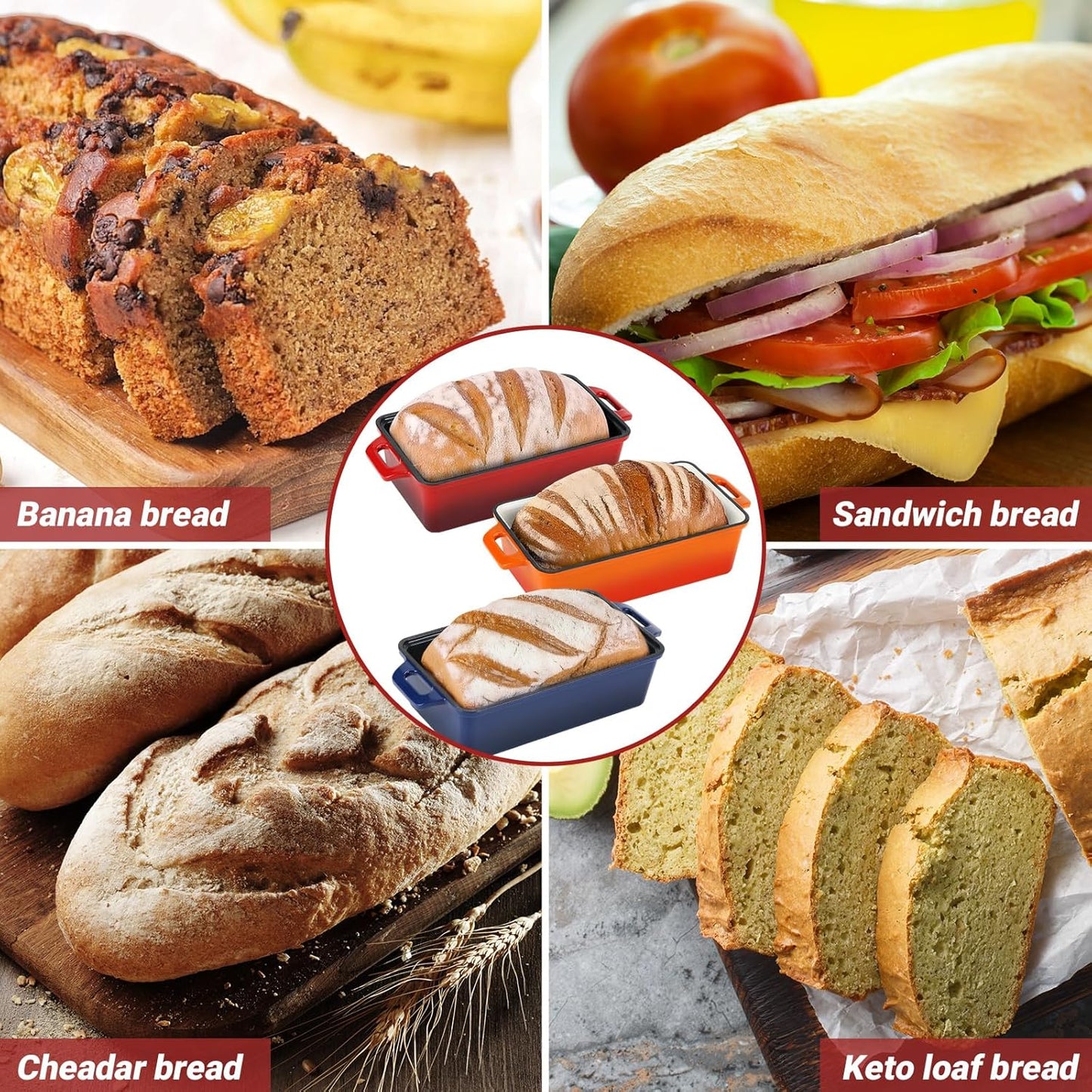 2 in 1 Enameled Cast Iron Bread Pan with Lid, Perfect Bread Oven, Loaf Pans for Baking Homemade Sourdough Bread 9x5, 2 Piece set, Navy Blue