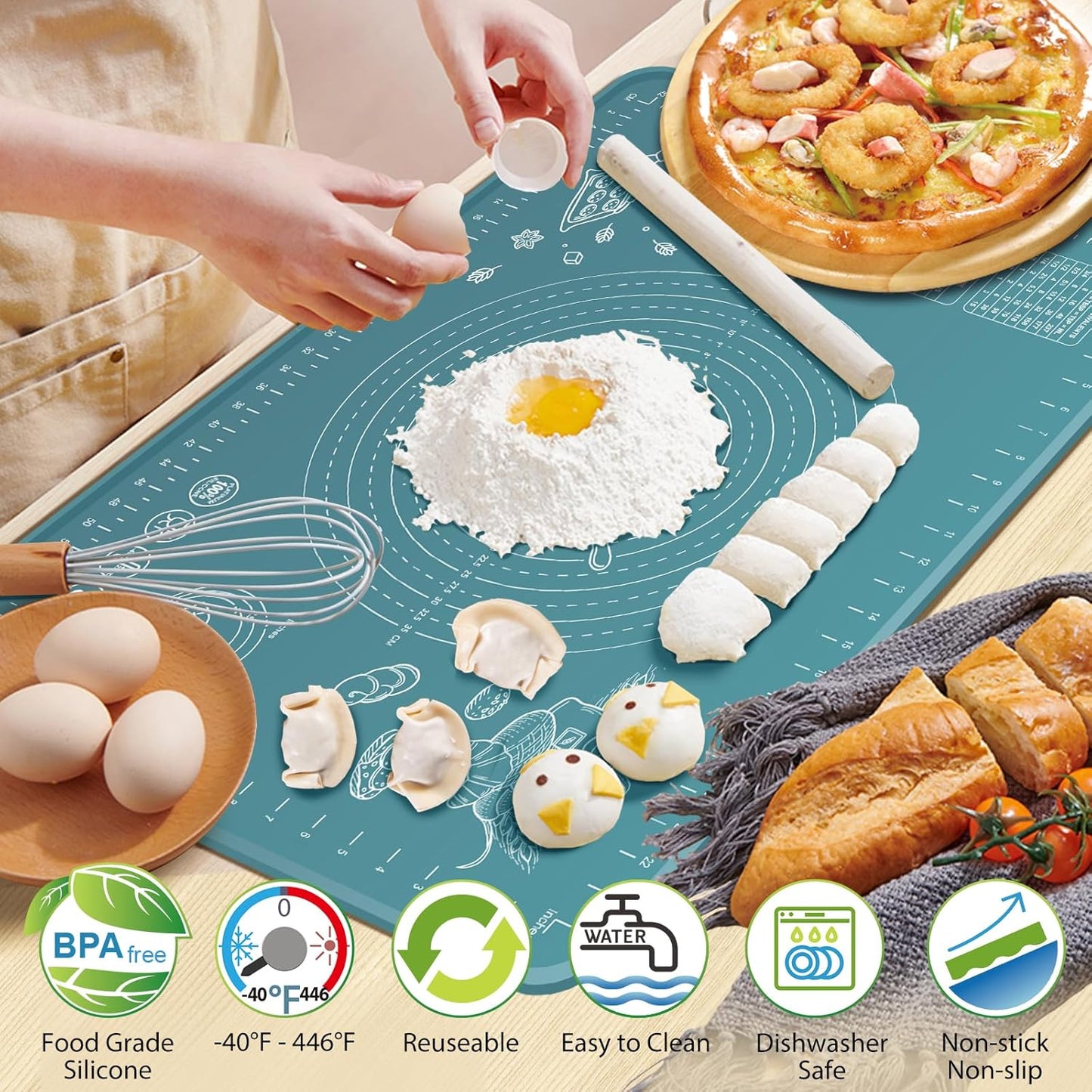 Silicone Pastry Mat 28" x 20" Extra Thick Non Stick Baking Mat with Measurements and Edge Heightening, Food Grade Silicone Rolling Mat for Pastry, Bread, Cookies, Pizza, Fondant, Pasta