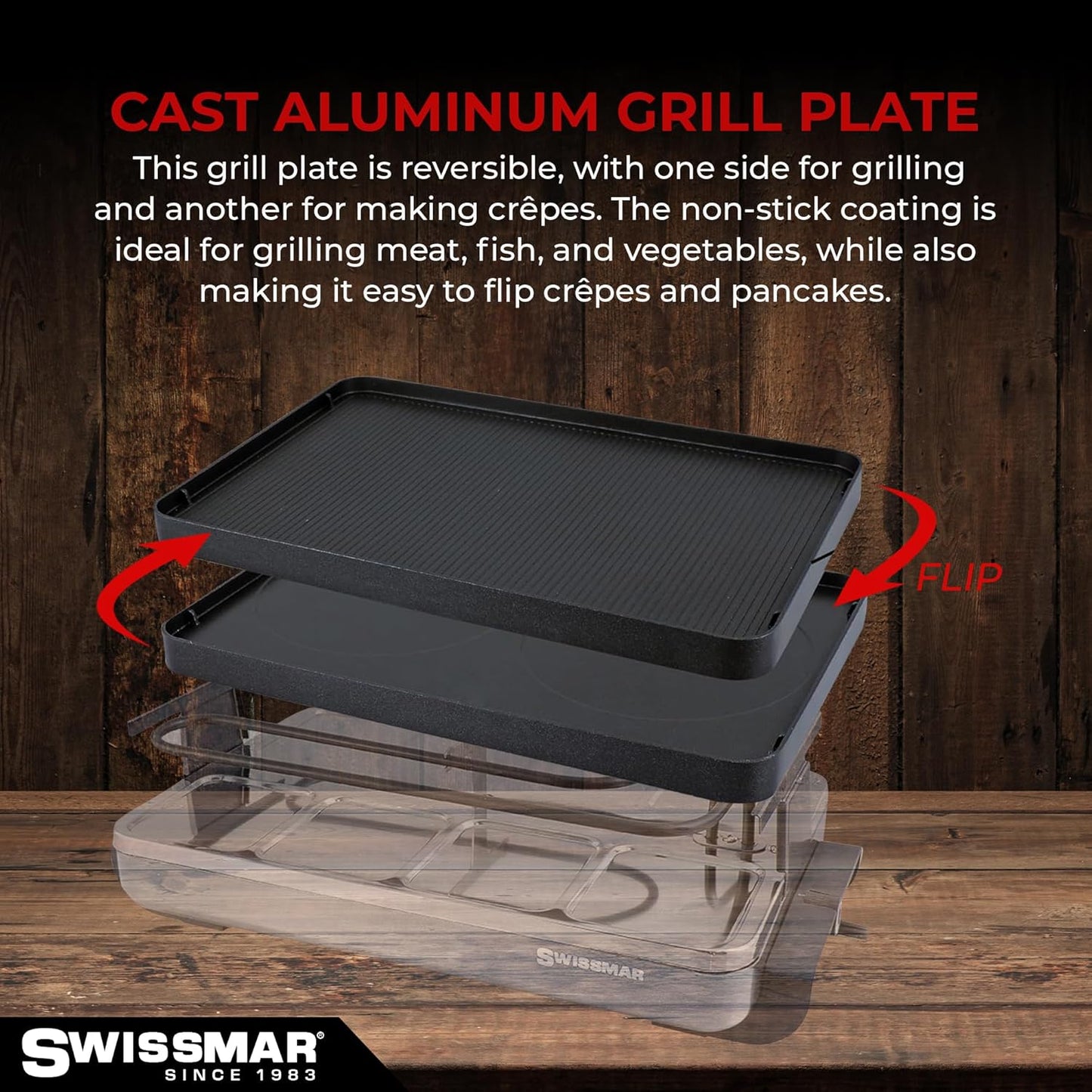 Swissmar Classic Raclette Party Grill with Reversible Cast Aluminum Non-Stick Grill Plate/Crepe Top, Outdoor & Indoor Electric BBQ Grill, Samgyupsal Griller - Brushed Stainless Steel - 8-Person