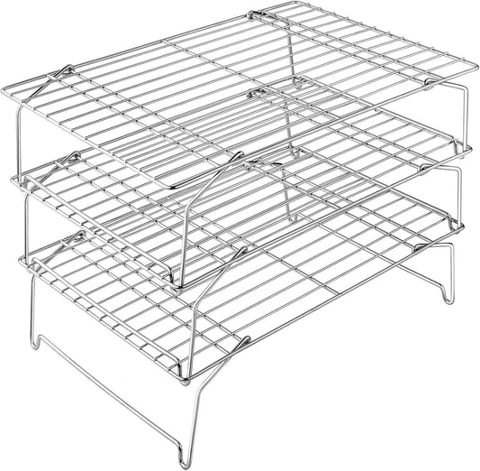 P&P CHEF 3-Tier Cooling Rack Set, Stackable Stainless Steel Baking Cooling Roasting Cooking Racks for Cake, Pastry, Bread, Meat, Bacon, Collapsible & Thick Wire, Oven Safe, 15" x10", Silver