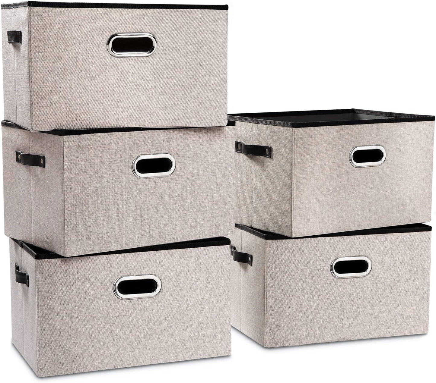 PRANDOM Larger Collapsible Storage Bins for Closet [5-Pack] Decorative Linen Fabric Storage Baskets Cubes with Leather/Metal Handles for Living Room Light Grey (17.3x12.2x10.4 Inch)