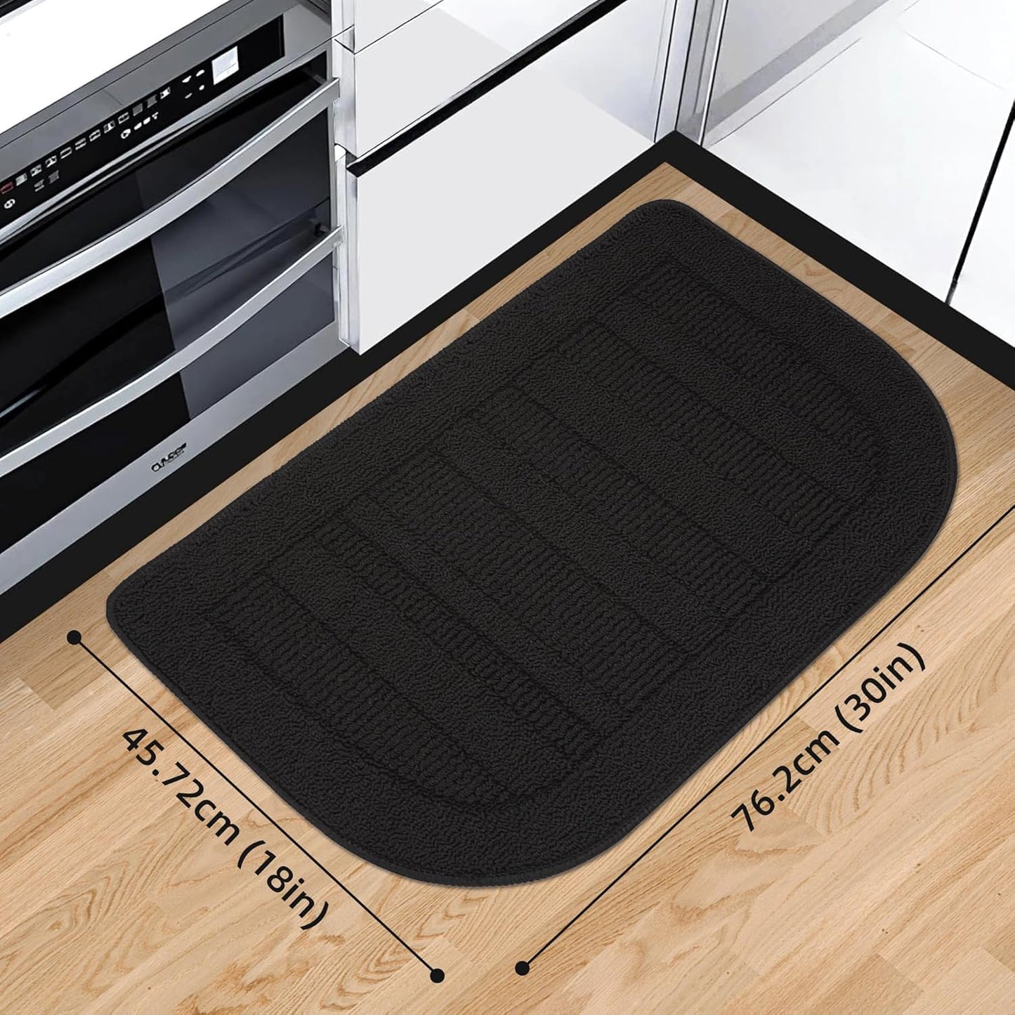 BEQHAUSE 30x18 Inch Kitchen Rug Mat Durable Kitchen Rugs Non-Slip Washable Absorbent Kitchen Mats for Floor Dirt-Resistant Semicircular Kitchen Mat (Black, 2PCS)