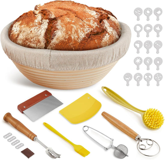 Banneton Bread Proofing Basket, Sourdough Starter Kit, 9" Round Sourdough Bread Baking Supplies with Dough Whisk, Bread Lame, Brush, Scrapers, Flour Duster & Stencils, Bread Making Tools Gift Set