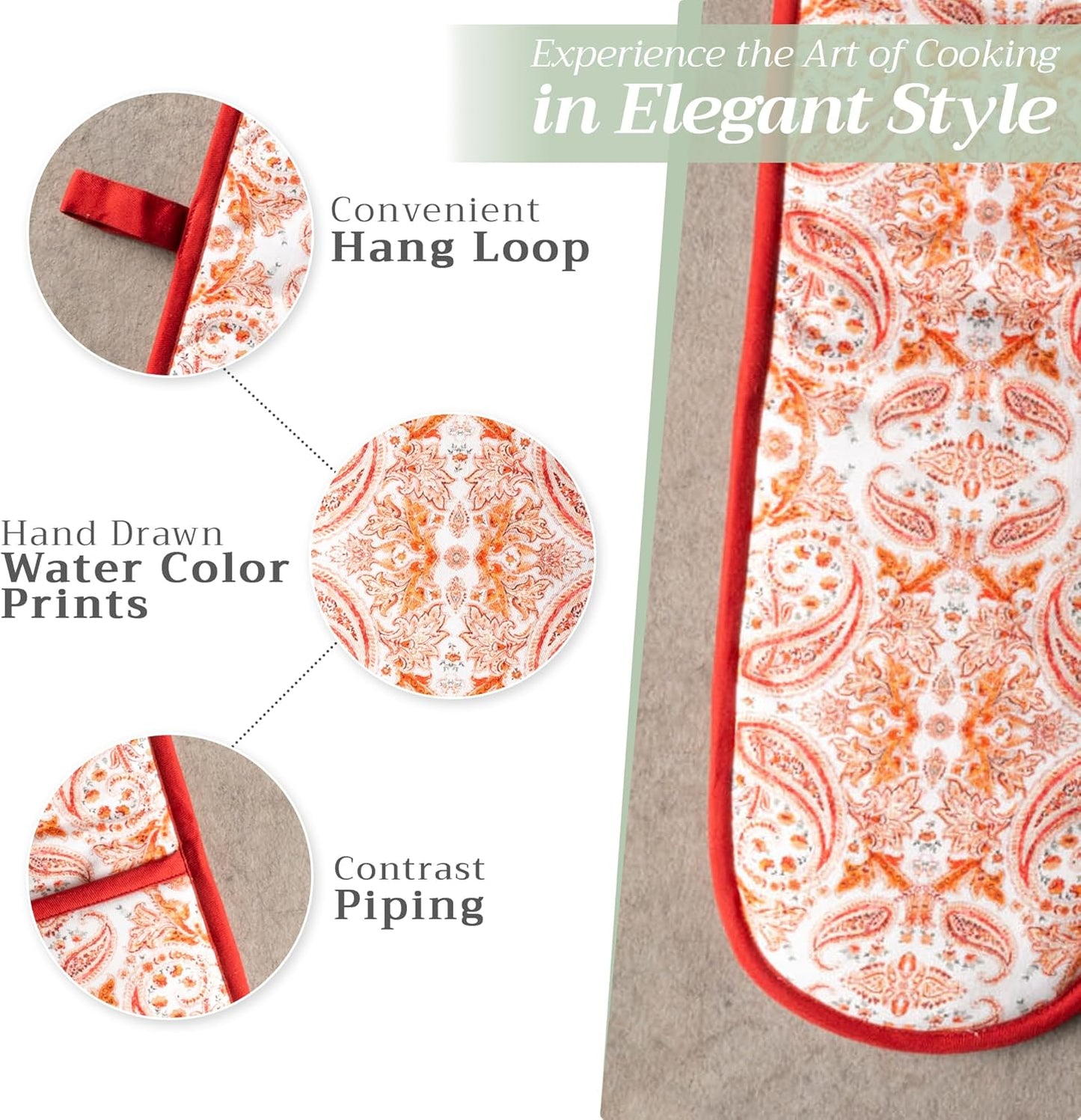 Maison d' Hermine Double Oven Mitts 100% Cotton 7"x35" Double Oven Mitt Heat Resistant BBQ Cooking Gloves with Loop, Baking, Grilling, Home, Kitchen, Handling Hot Pans (Orient)