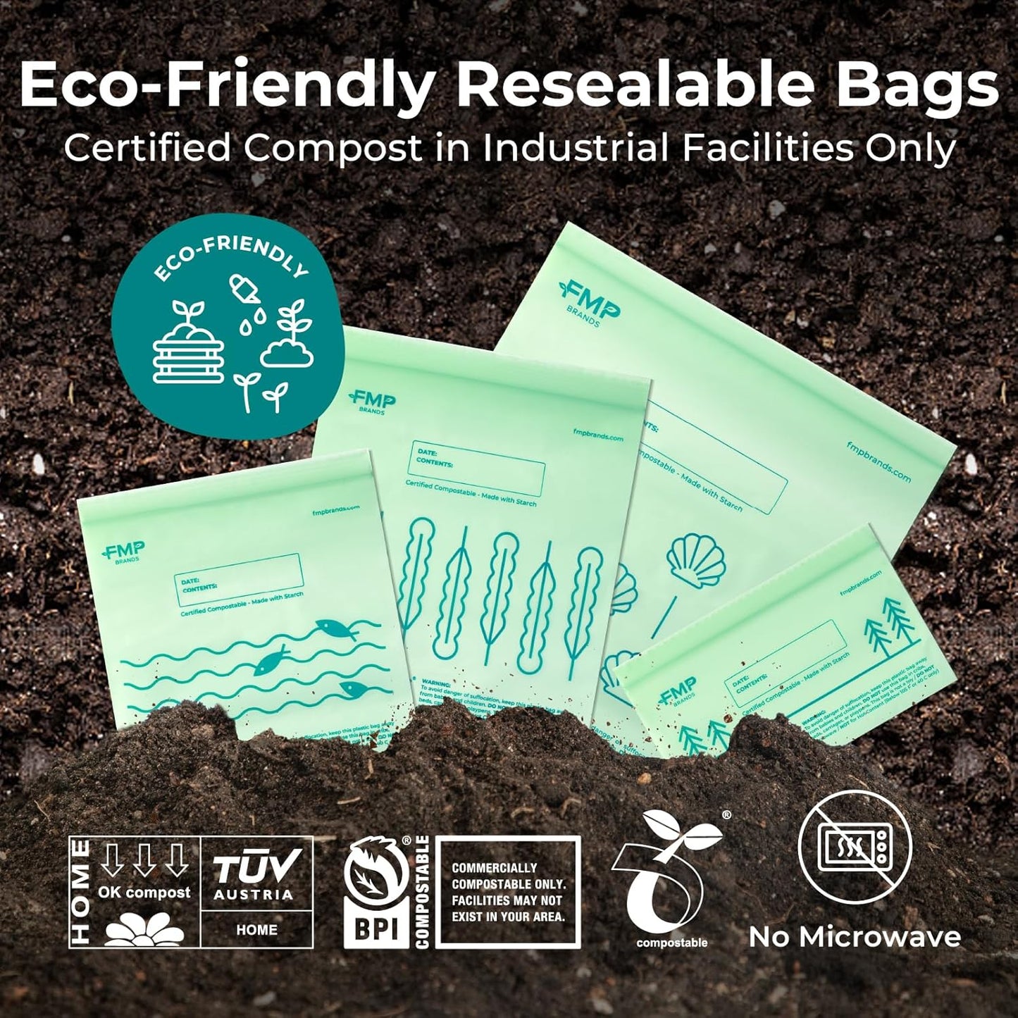 Fit Meal Prep 50 Pack 100% Compostable Food Storage Bags, 7 x 8" Resealable Freezer Bags Quart Size for Meat, Fruits, Plant-Based Sandwich Bag, ASTM D6400, US BPI & EU OK Compost Certified