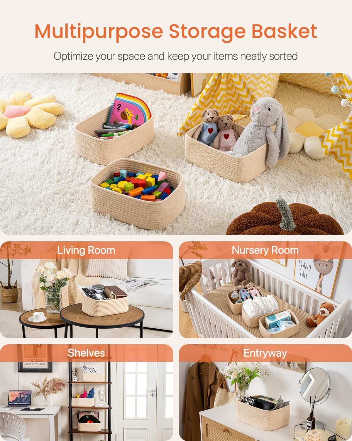 Small Woven Basket, 12 x 8 x 4.5 Inches, Storage Basket for Organizing, Cute Small Rope Shelf Closet Cube Storage Bins Baskets for Shelves, Dog Toy Gift Baskets Empty, 3 Packs, Beige