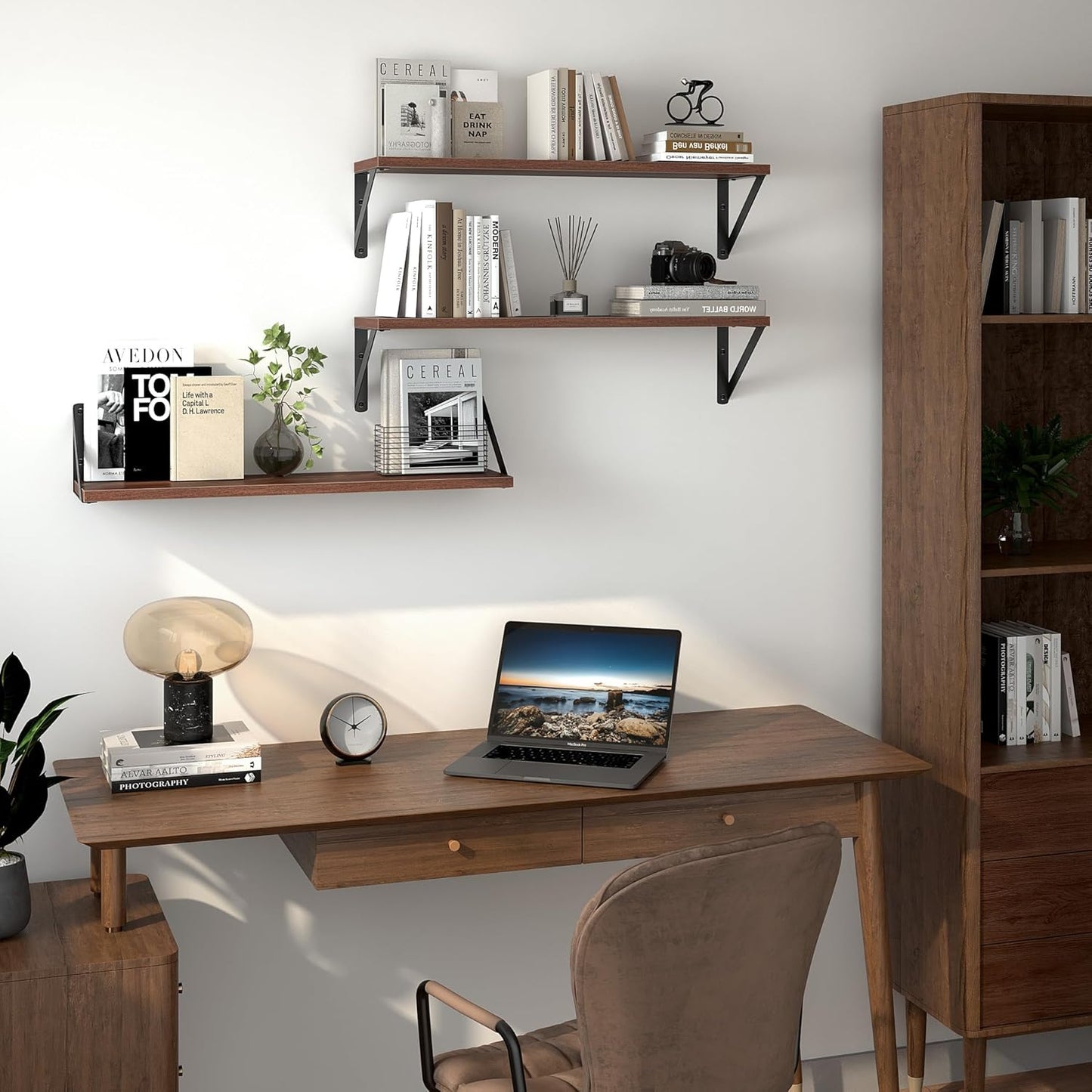 Heimlove Floating Shelves for Wall, 24 Inch Long Wood Floating Shelves Set of 3, Wall Mounted Hanging Shelf for Bathroom Bedroom Kitchen, Walnut