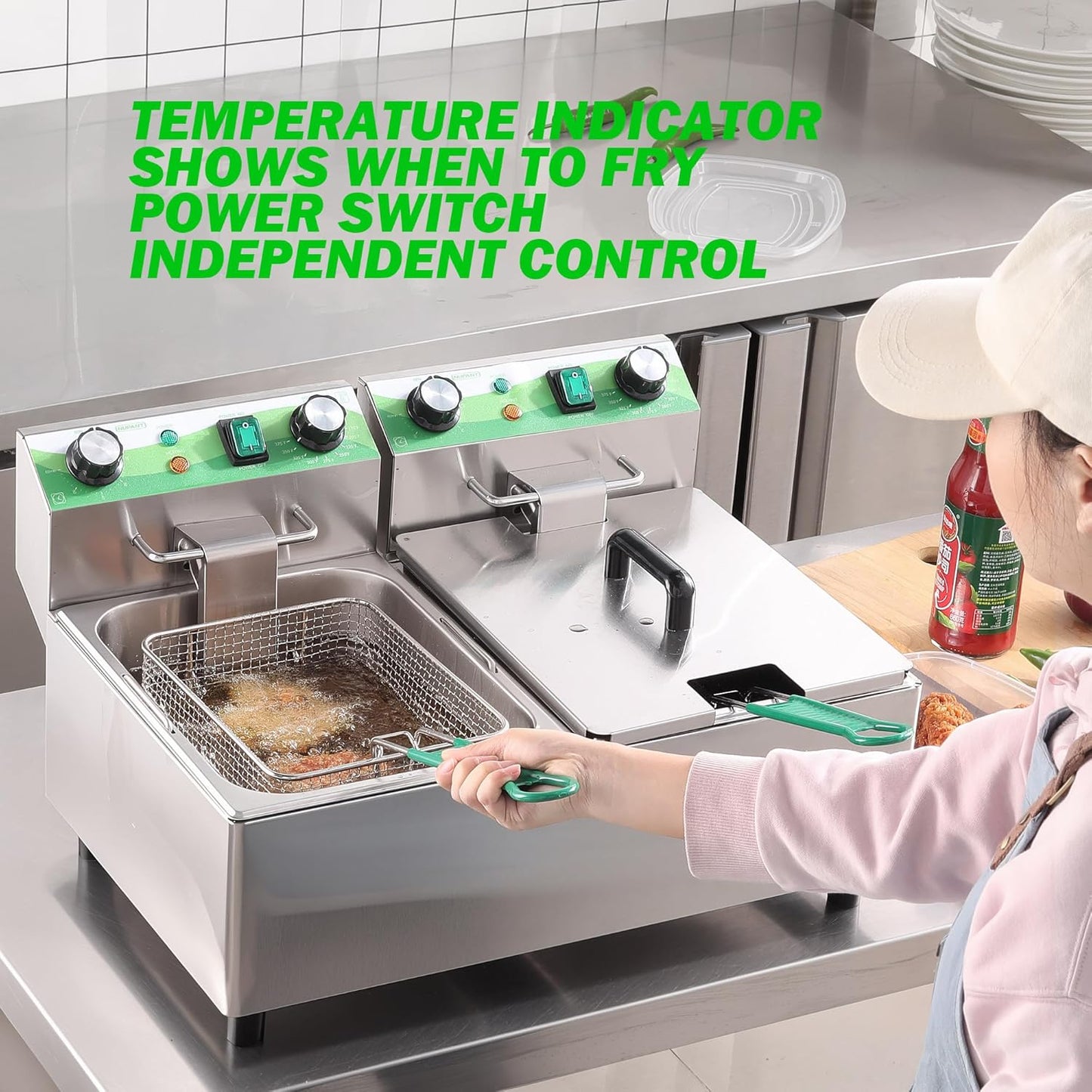 20L/21.2QT Commercial Deep Fryer with Timer Dual Tank Electric Countertop Fryer with Double Baskets and Lids, Temp Control, 3400W/110V Stainless Steel Large Deep Fryer for Restaurant Kitchen