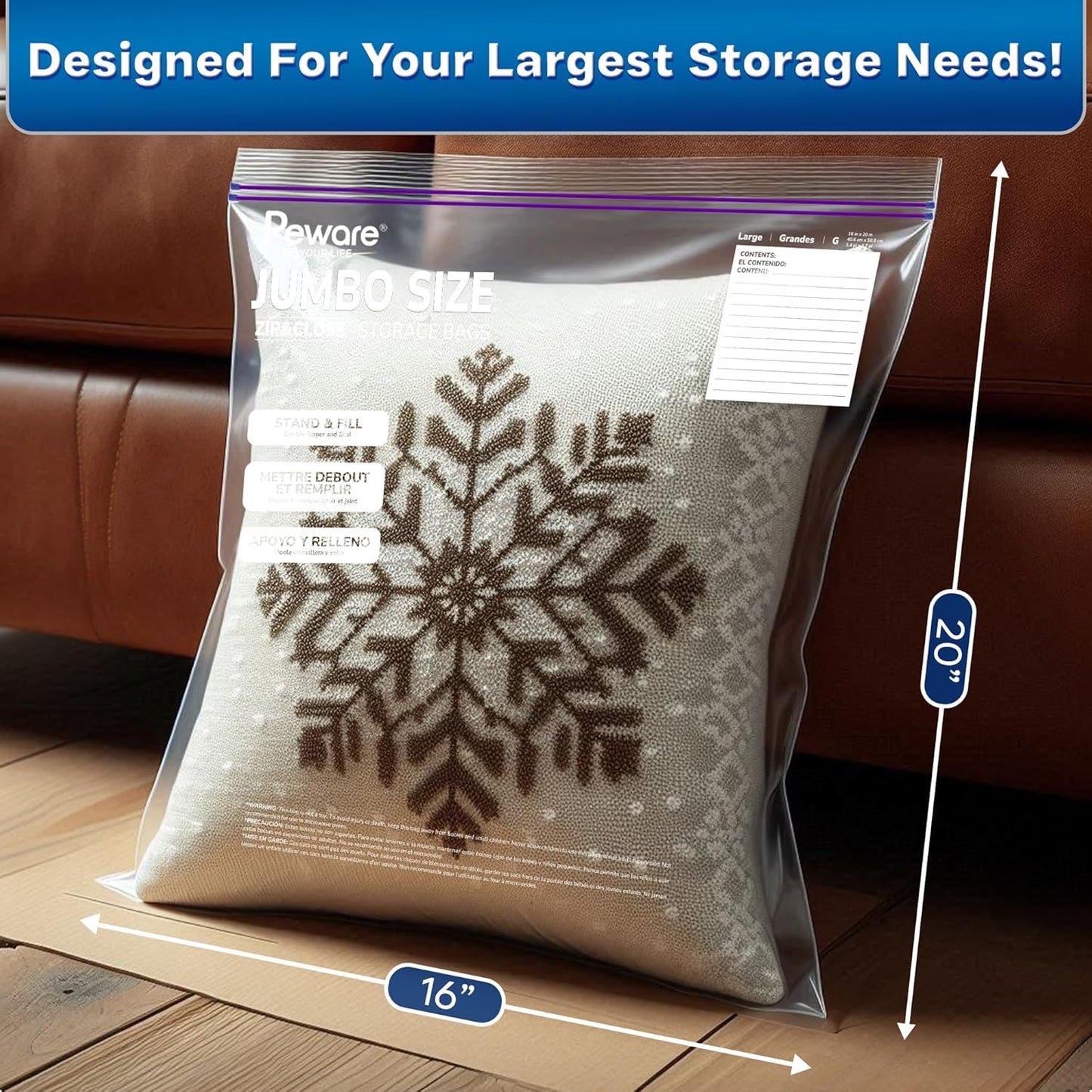 Large Storage Bags, 16"x20" Jumbo Plastic Bag, BPA Free, 3.5 Gallon XL Zipper Lock Baggies for Clothes Pillow Travel Moving - 100 Roomy Bags